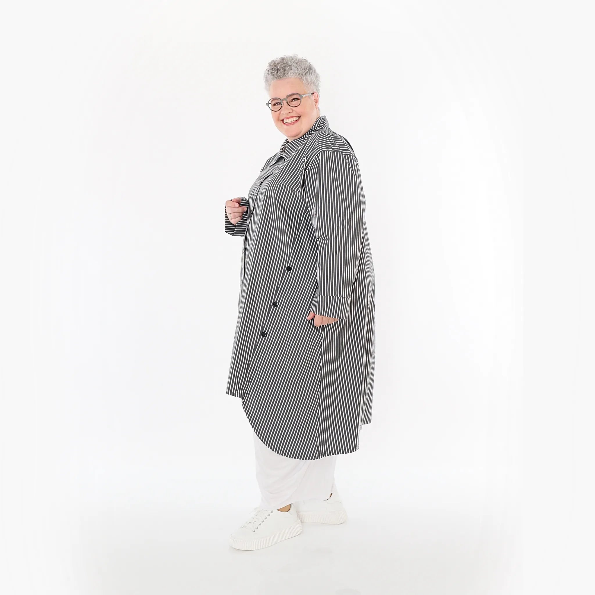  A-Form Bluse von AKH Fashion aus Baumwolle, 1472.07057, Anthrazit/Weiß, Streifen, Schick