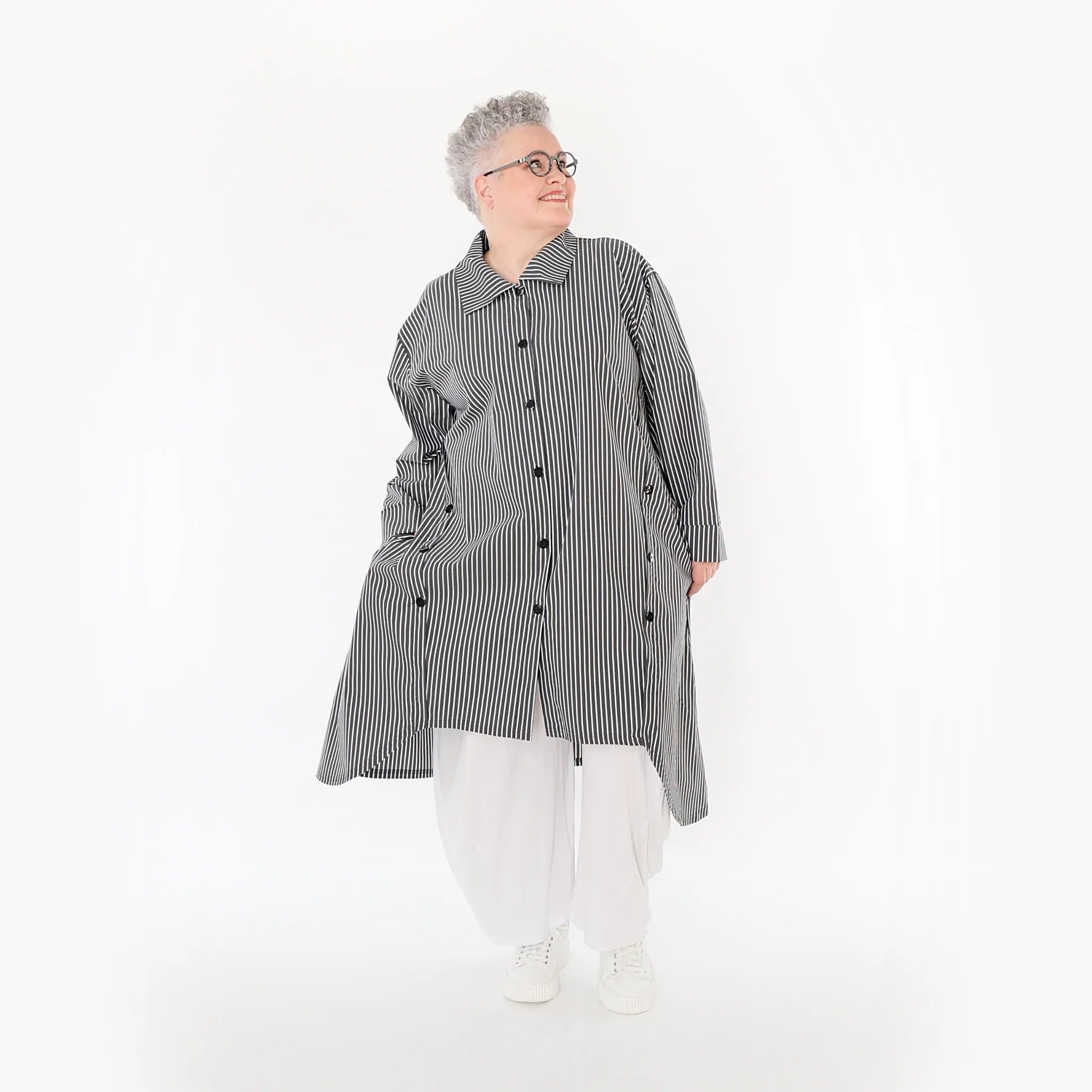  A-Form Bluse von AKH Fashion aus Baumwolle, 1472.07057, Anthrazit/Weiß, Streifen, Schick