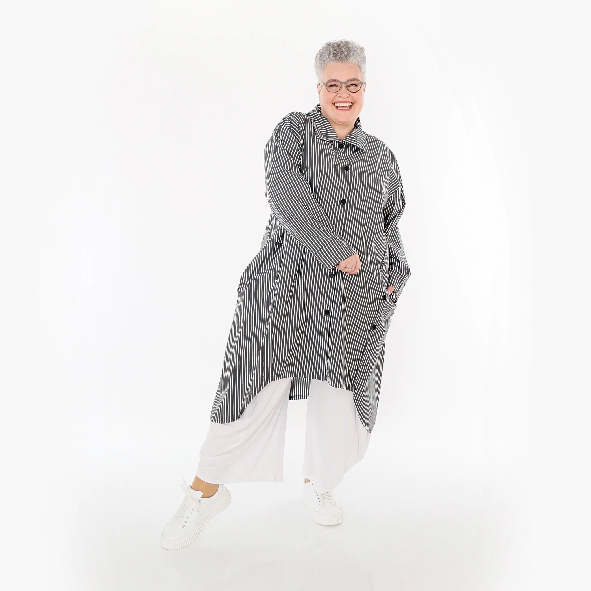  A-Form Bluse von AKH Fashion aus Baumwolle, 1472.07057, Anthrazit/Weiß, Streifen, Schick