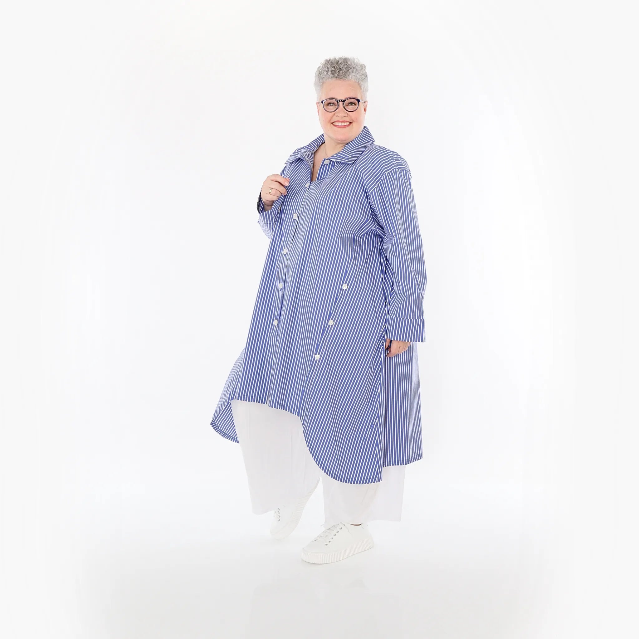  A-Form Bluse von AKH Fashion aus Baumwolle, 1472.07057, Blau/Weiß, Streifen, Ausgefallen