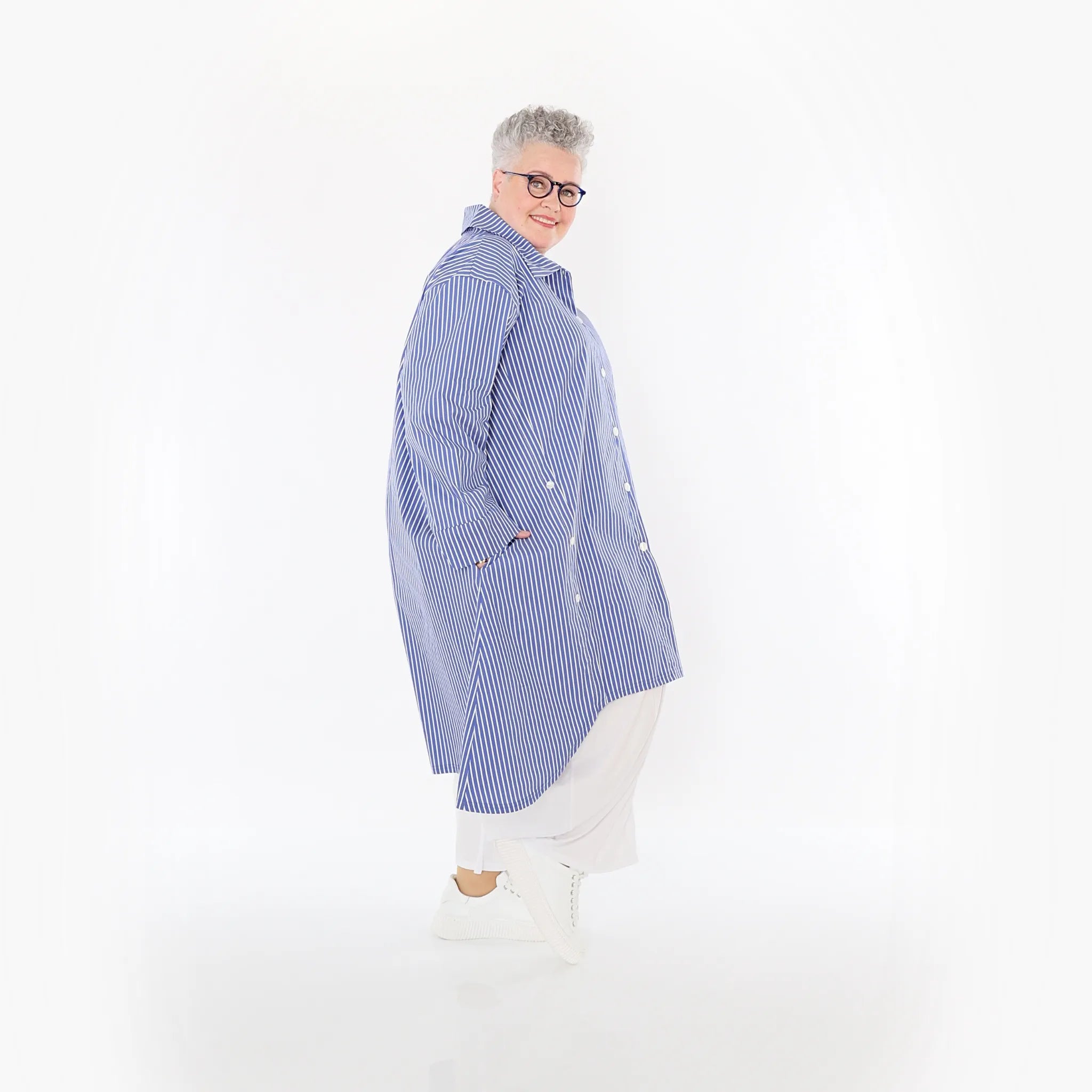  A-Form Bluse von AKH Fashion aus Baumwolle, 1472.07057, Blau/Weiß, Streifen, Ausgefallen