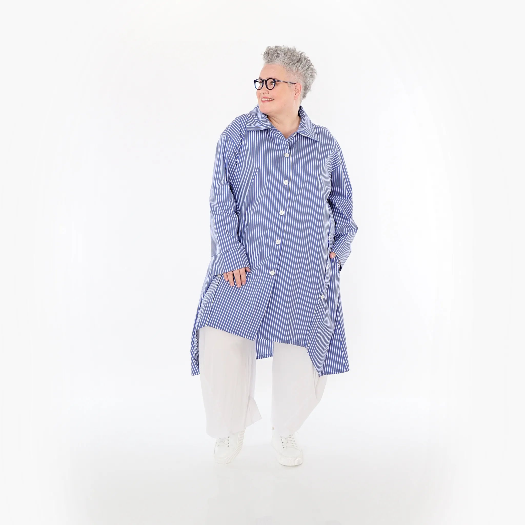  A-Form Bluse von AKH Fashion aus Baumwolle, 1472.07057, Blau/Weiß, Streifen, Ausgefallen