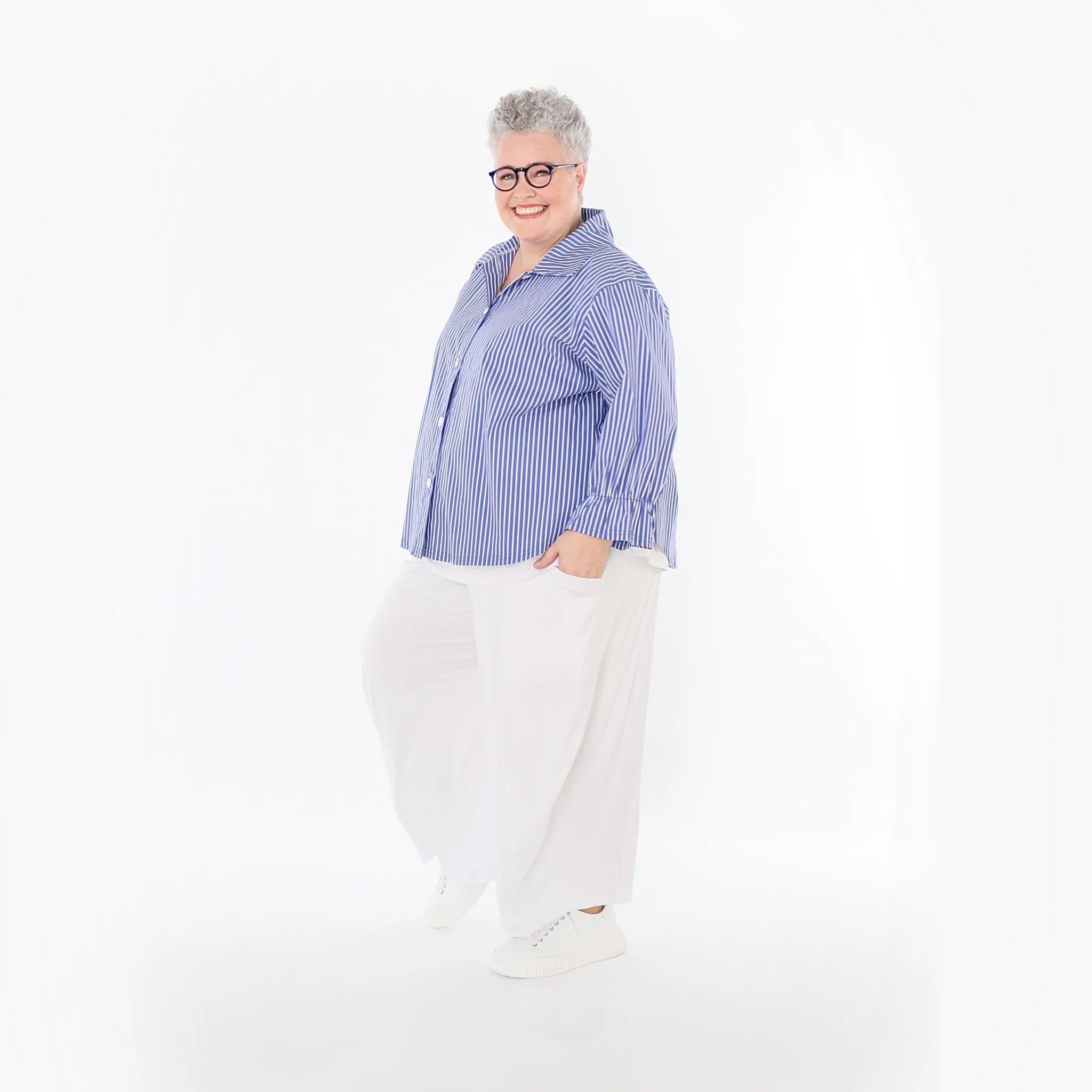  AKH Fashion Bluse in gerundeter Form, aus Baumwolle, 1472.07062, Blau/Weiß, Streifen