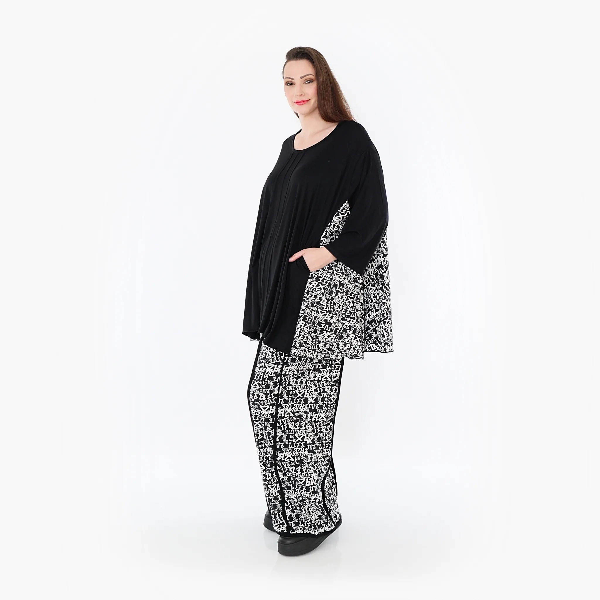 A-Form Bigshirt von AKH Fashion aus Viskose, 1475.07069, Schwarz/Weiß, Buchstaben, Schick
