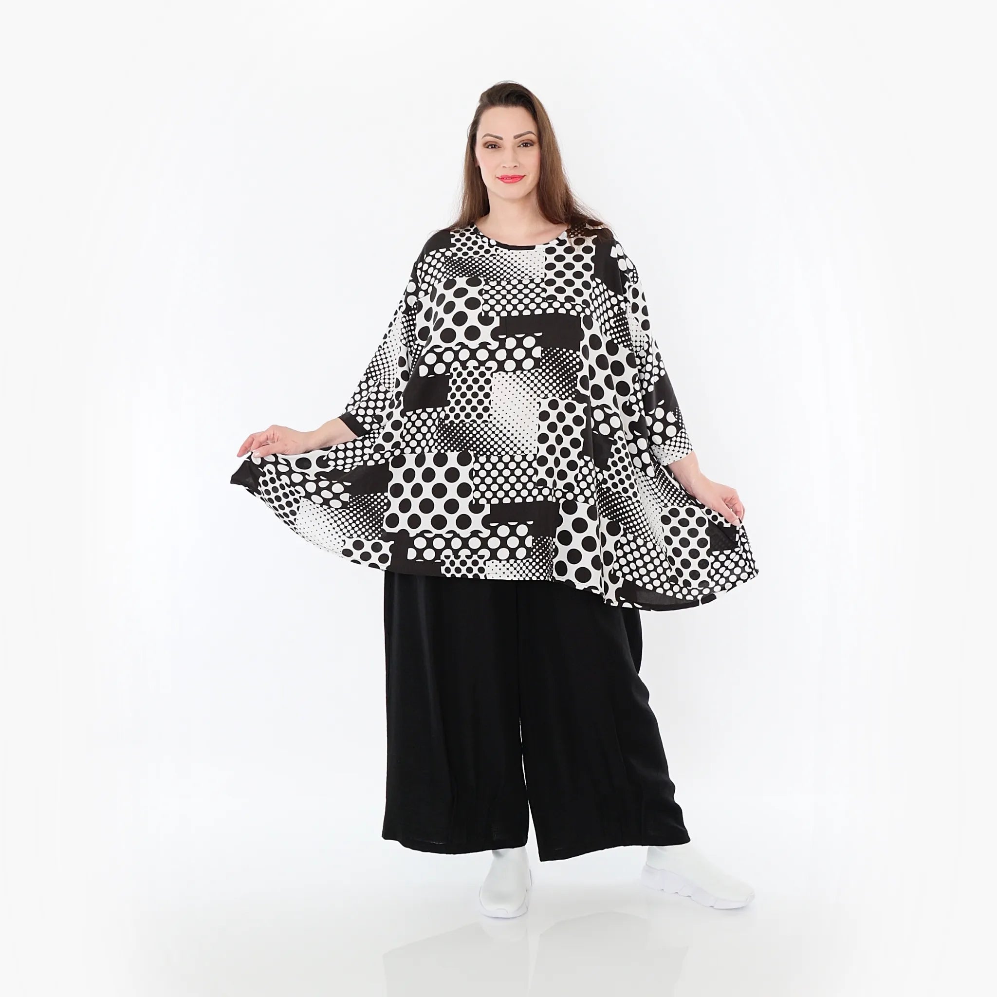  A-Form Bigshirt von AKH Fashion aus Viskose, 1481.00593, Schwarz/Weiß, Punkte, Ausgefallen