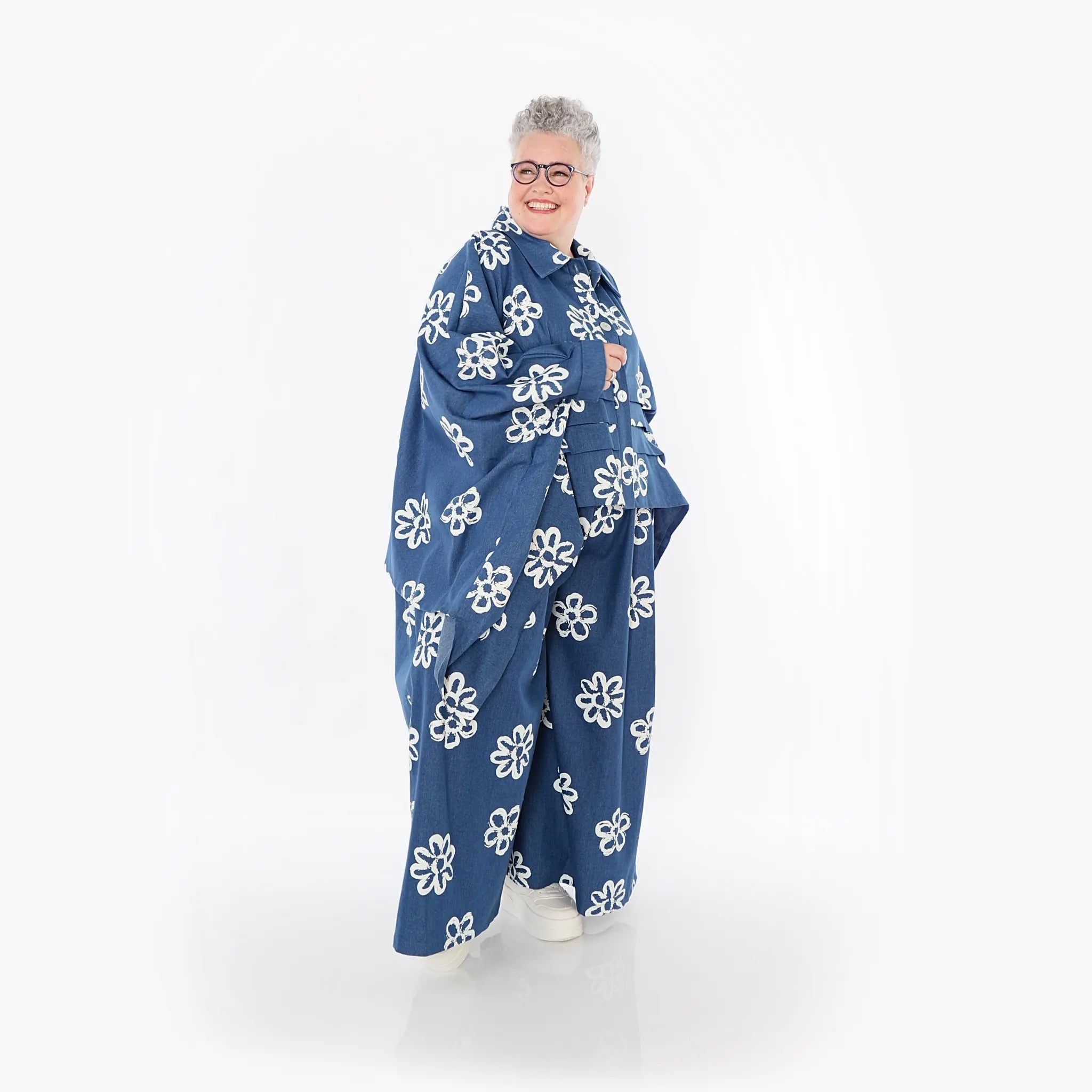  Palazzo Hose von AKH Fashion aus Baumwolle, 1485.07077, Jeansblau/Weiß, Blumen, Schick