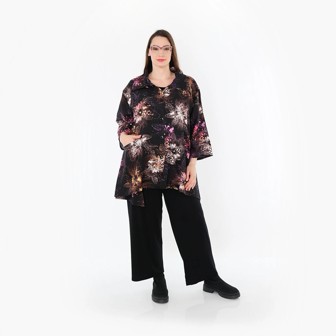  A-Form Jacke von AKH Fashion aus Viskose, 1491.07090, Schwarz/Fuchsia/Multi, Blumen
