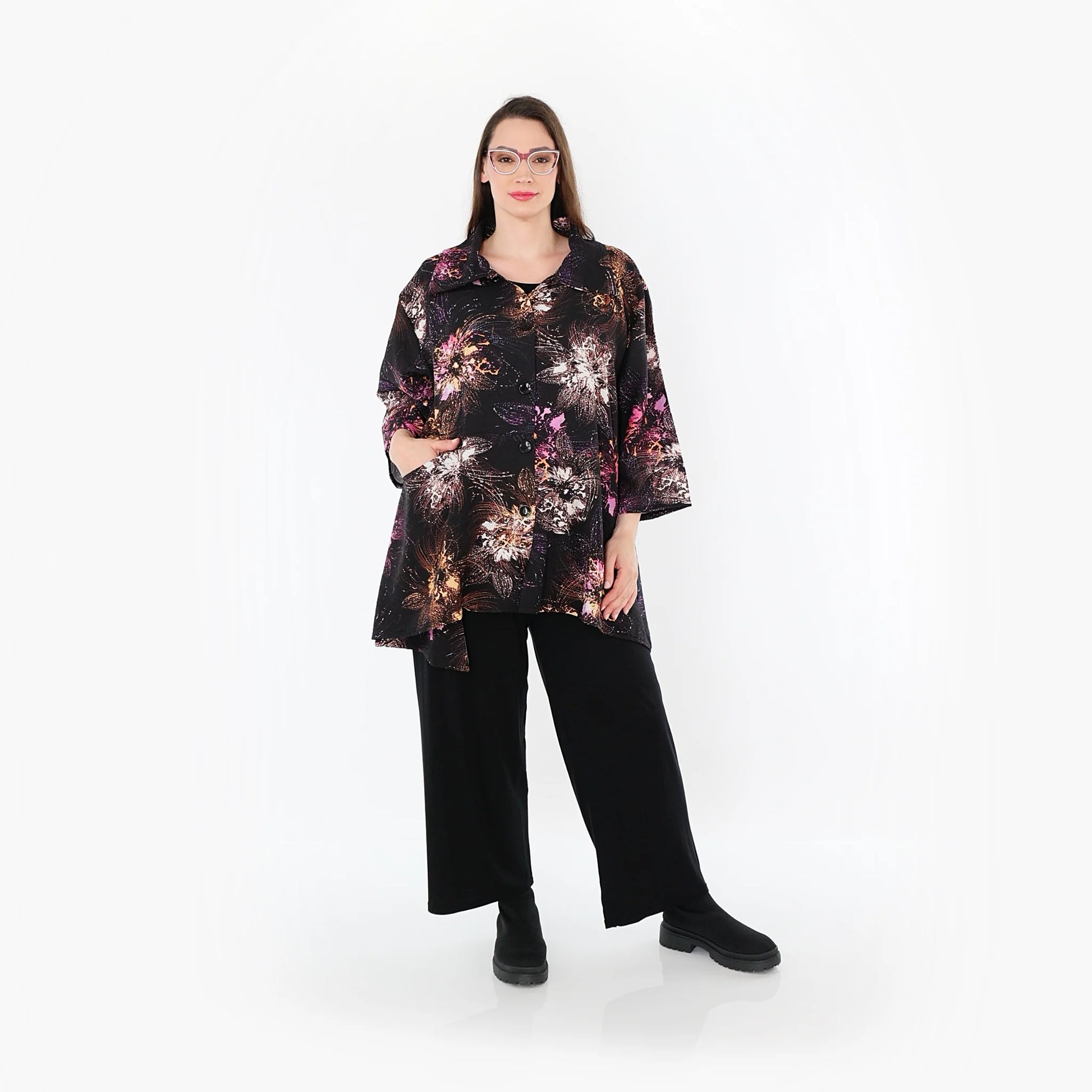  A-Form Jacke von AKH Fashion aus Viskose, 1491.07090, Schwarz/Fuchsia/Multi, Blumen