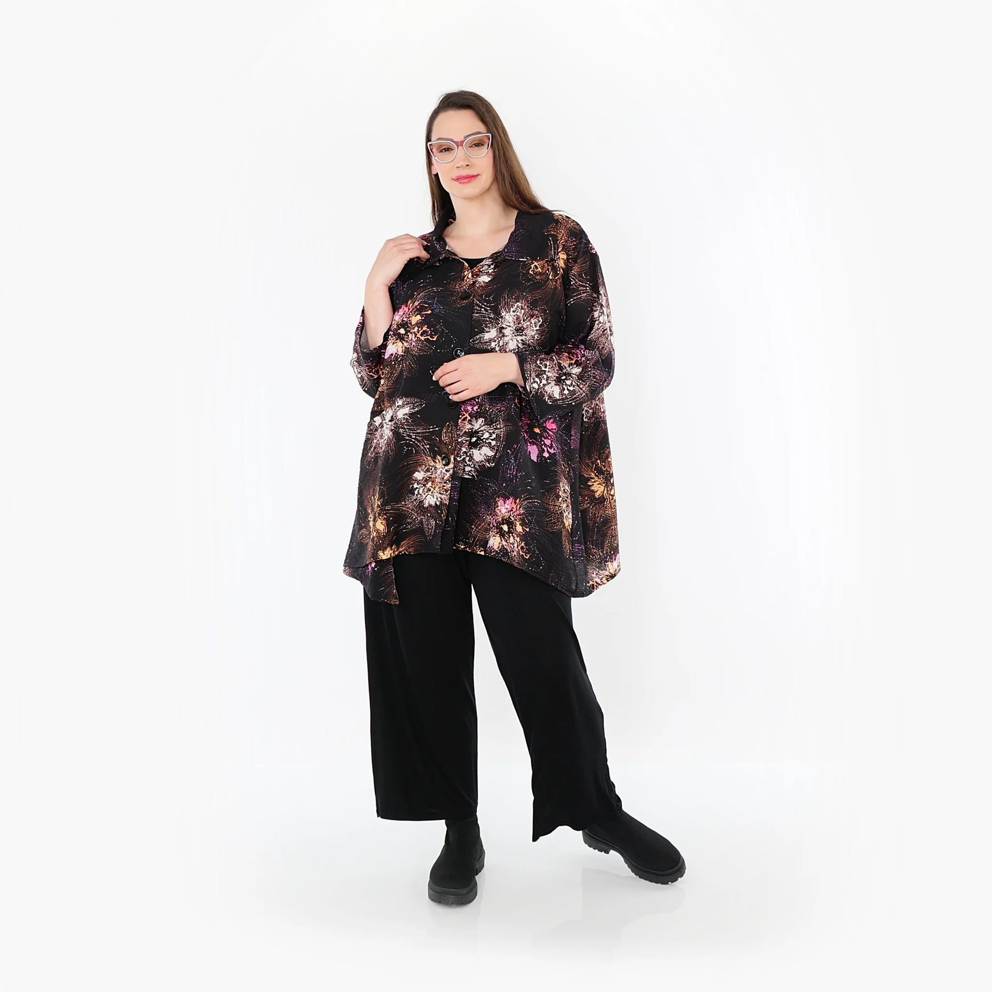 A-Form Jacke von AKH Fashion aus Viskose, 1491.07090, Schwarz/Fuchsia/Multi, Blumen