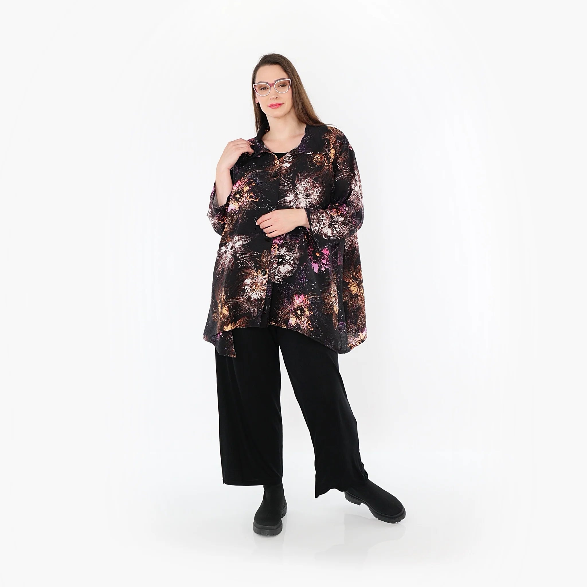  A-Form Jacke von AKH Fashion aus Viskose, 1491.07090, Schwarz/Fuchsia/Multi, Blumen