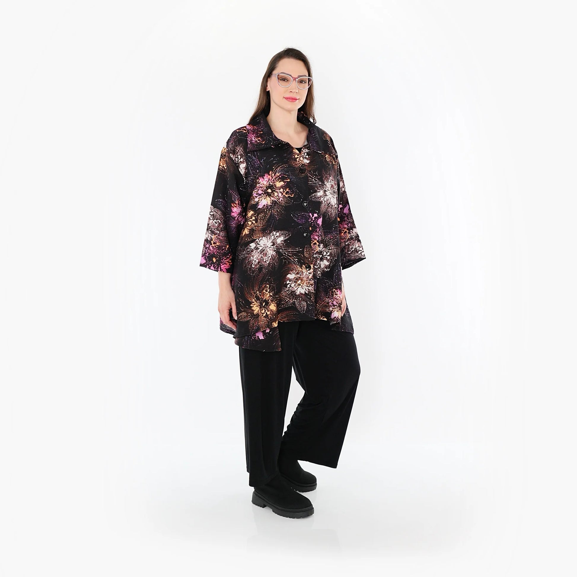  A-Form Jacke von AKH Fashion aus Viskose, 1491.07090, Schwarz/Fuchsia/Multi, Blumen