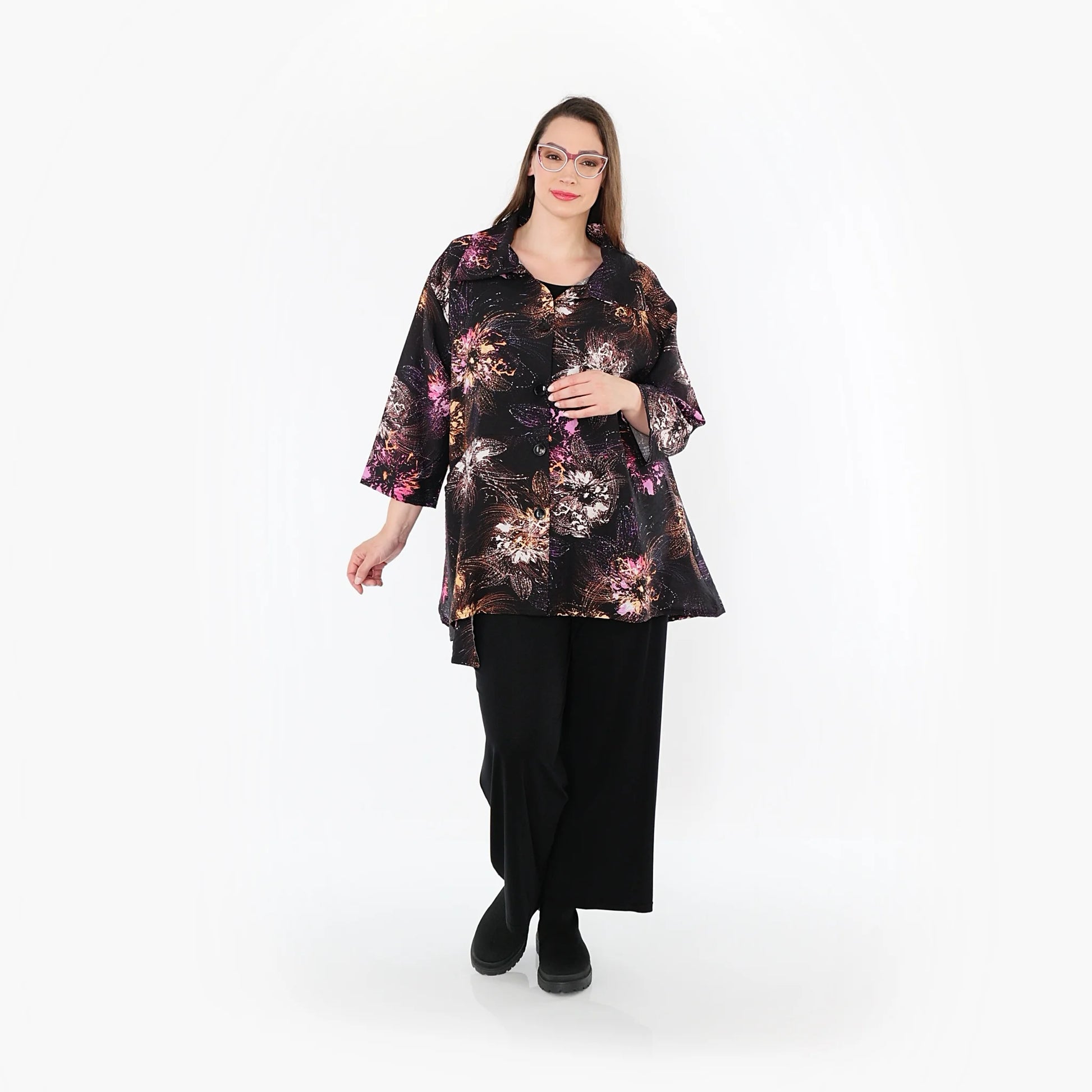  A-Form Jacke von AKH Fashion aus Viskose, 1491.07090, Schwarz/Fuchsia/Multi, Blumen