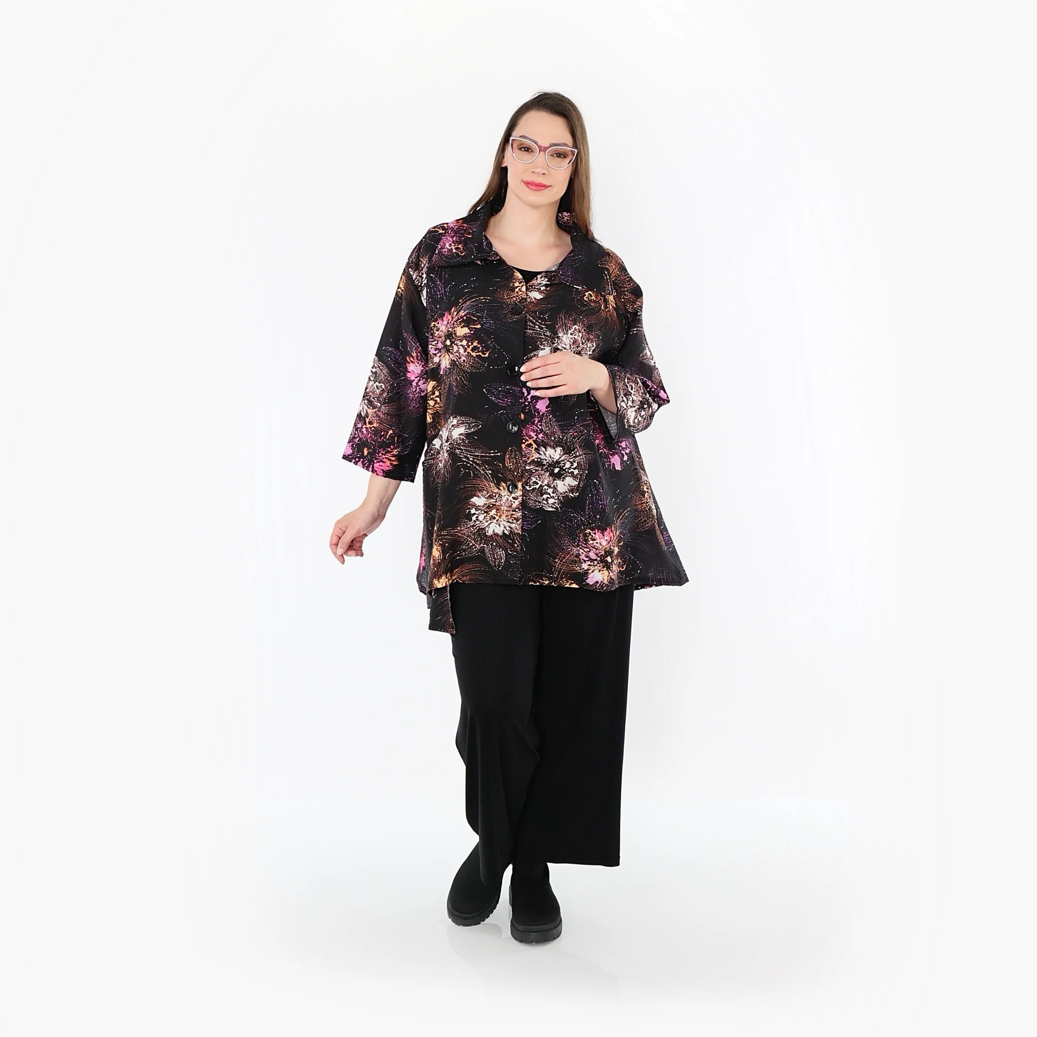  A-Form Jacke von AKH Fashion aus Viskose, 1491.07090, Schwarz/Fuchsia/Multi, Blumen