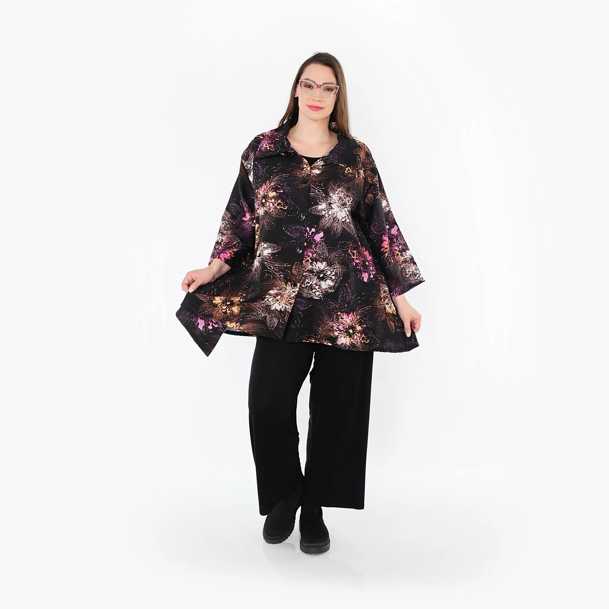  A-Form Jacke von AKH Fashion aus Viskose, 1491.07090, Schwarz/Fuchsia/Multi, Blumen
