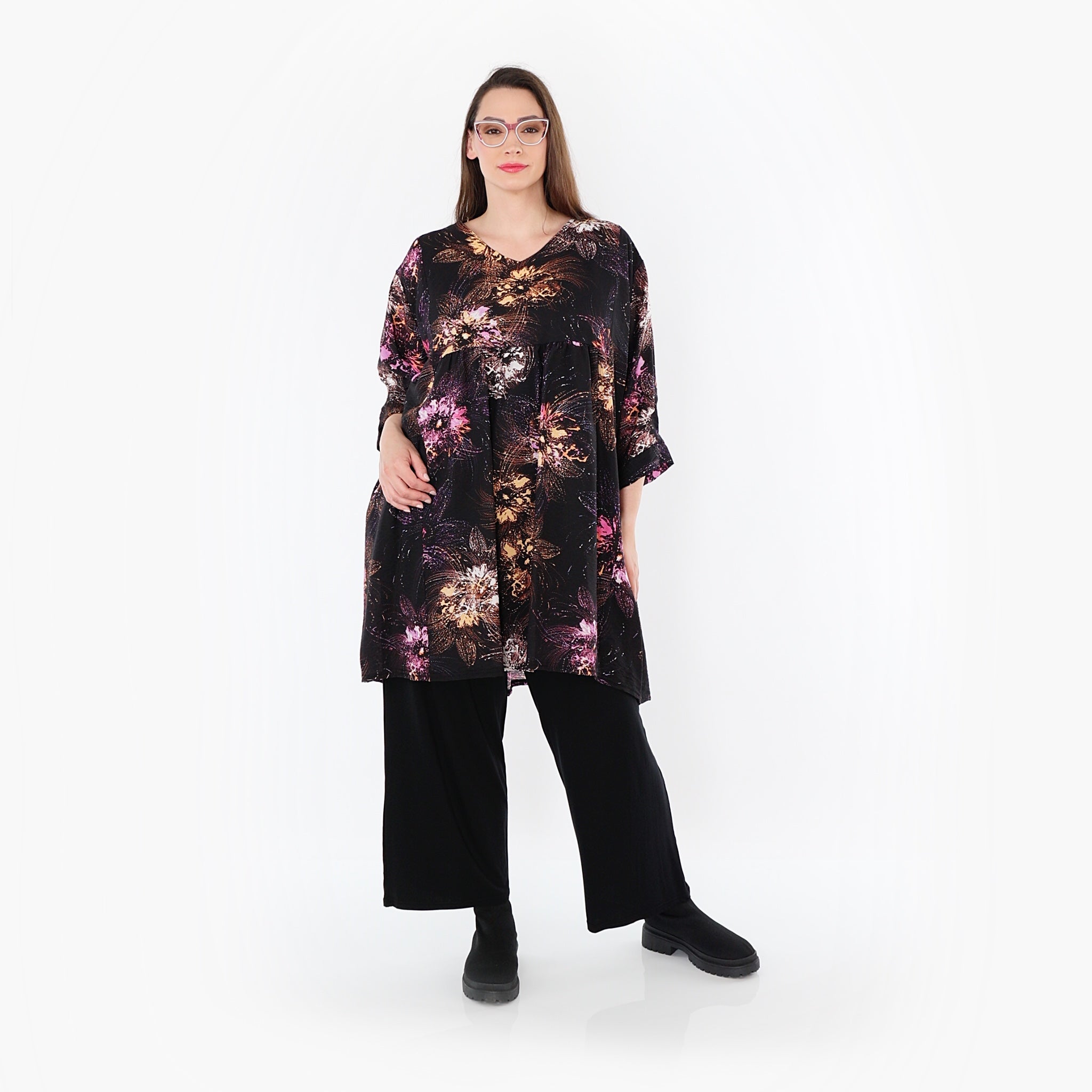  A-Form Bigshirt von AKH Fashion aus Viskose, 1491.07091, Schwarz/Fuchsia/Multi, Blumen