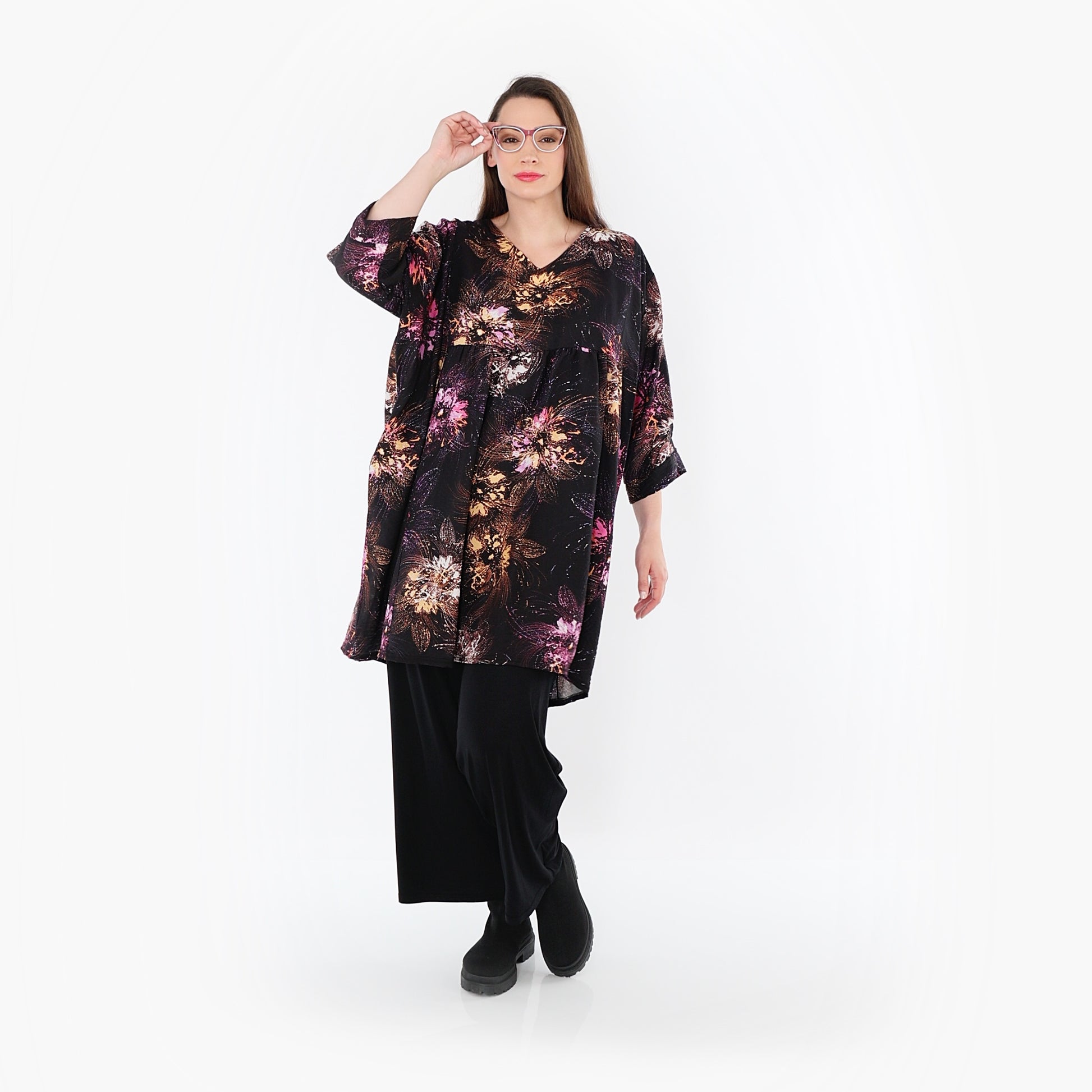  A-Form Bigshirt von AKH Fashion aus Viskose, 1491.07091, Schwarz/Fuchsia/Multi, Blumen