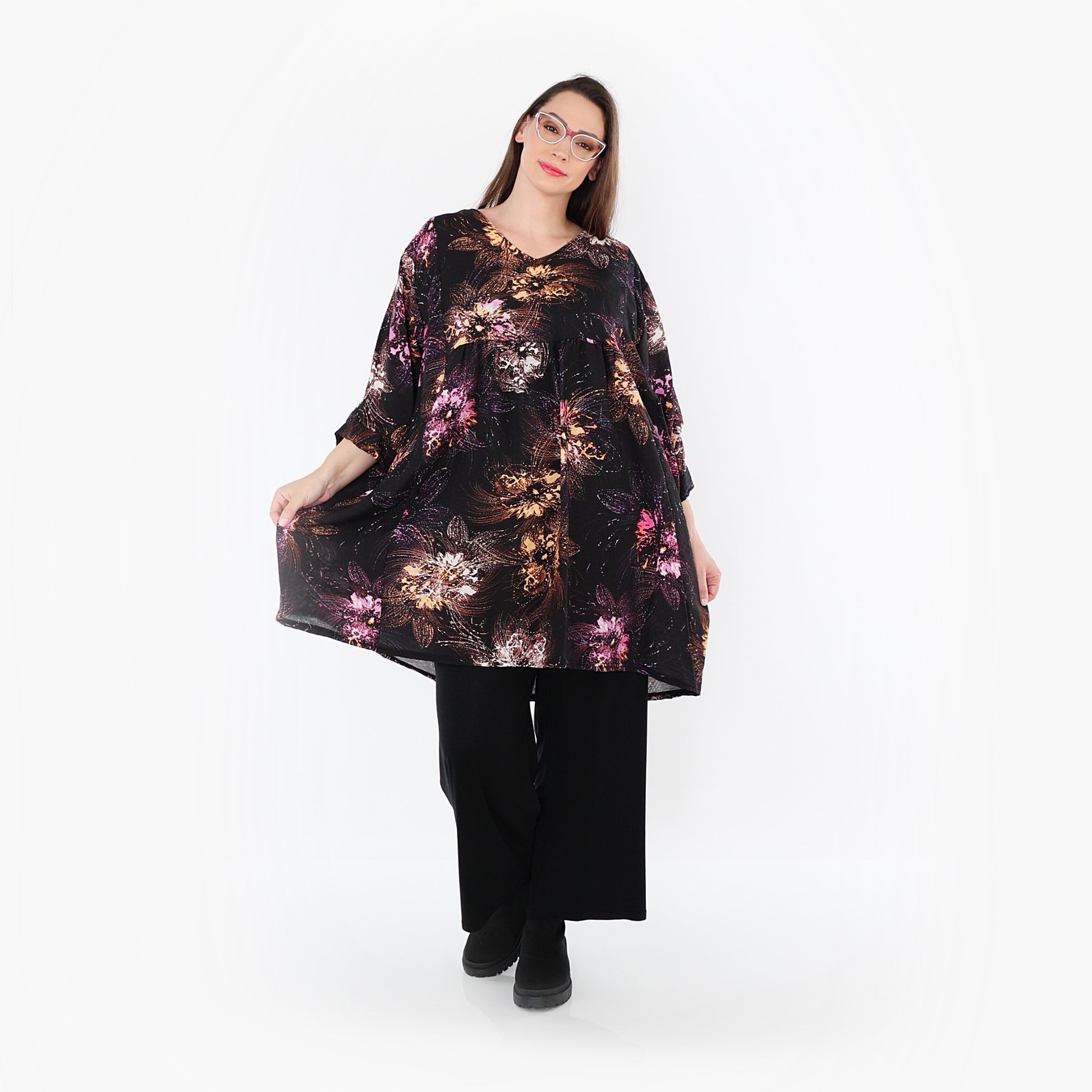  A-Form Bigshirt von AKH Fashion aus Viskose, 1491.07091, Schwarz/Fuchsia/Multi, Blumen