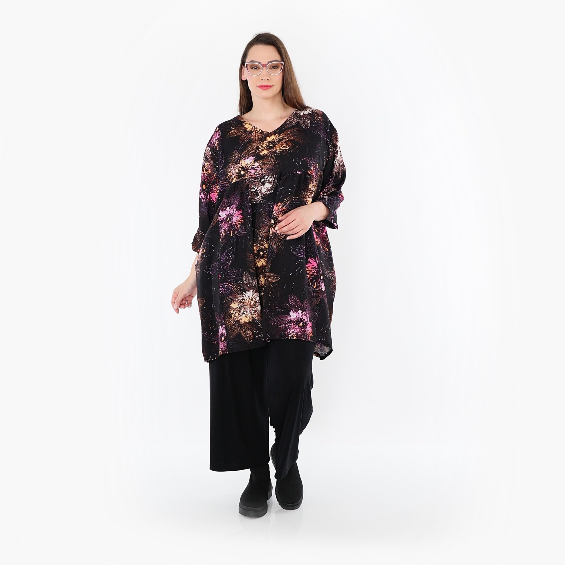  A-Form Bigshirt von AKH Fashion aus Viskose, 1491.07091, Schwarz/Fuchsia/Multi, Blumen