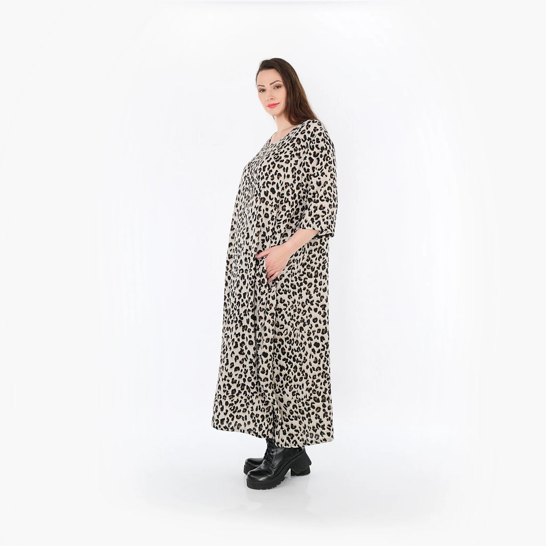  Ballonkleid von AKH Fashion aus Materialmix, 1496.01926, Beige/Schwarz/Cognac, Leopard