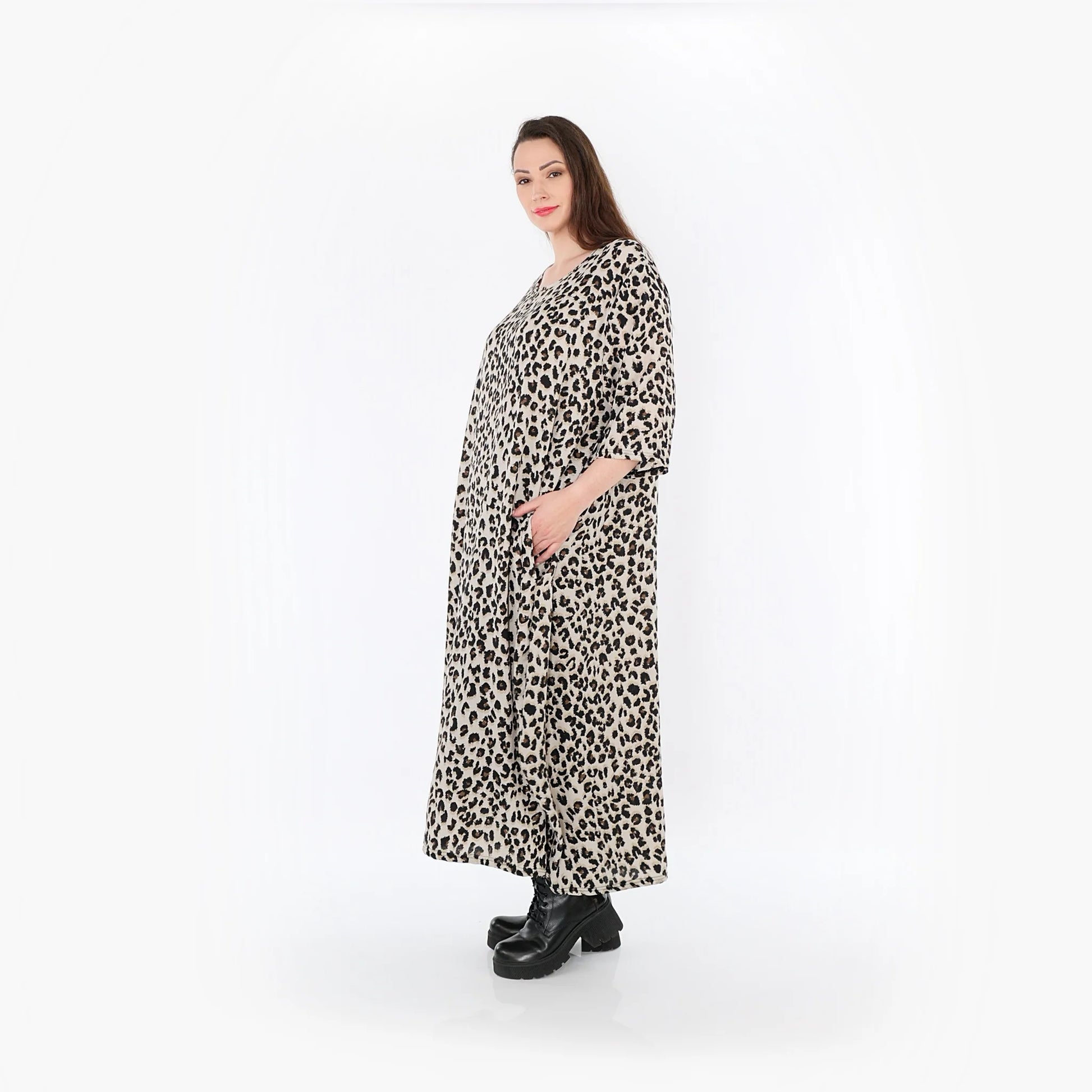  Ballonkleid von AKH Fashion aus Materialmix, 1496.01926, Beige/Schwarz/Cognac, Leopard