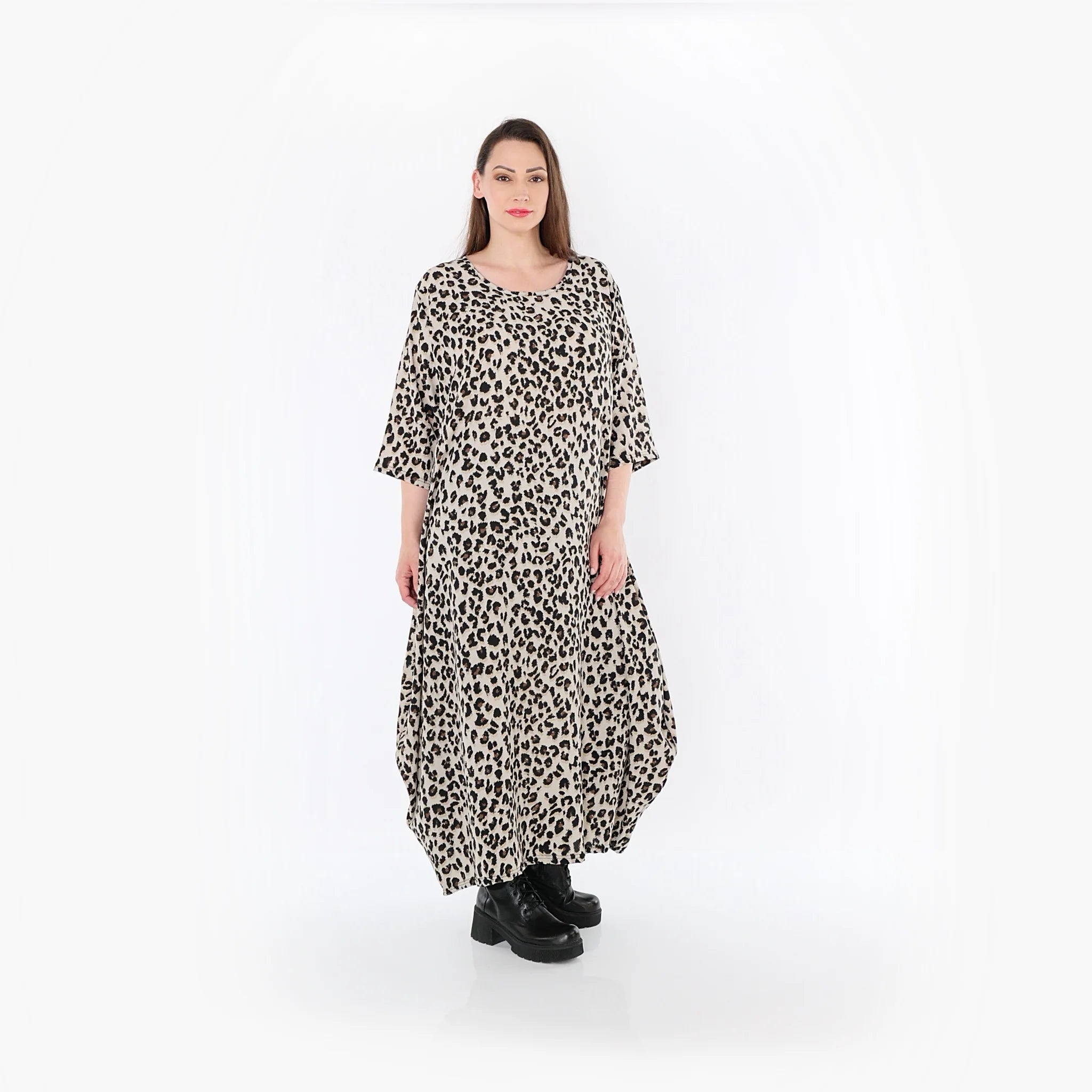  Ballonkleid von AKH Fashion aus Materialmix, 1496.01926, Beige/Schwarz/Cognac, Leopard