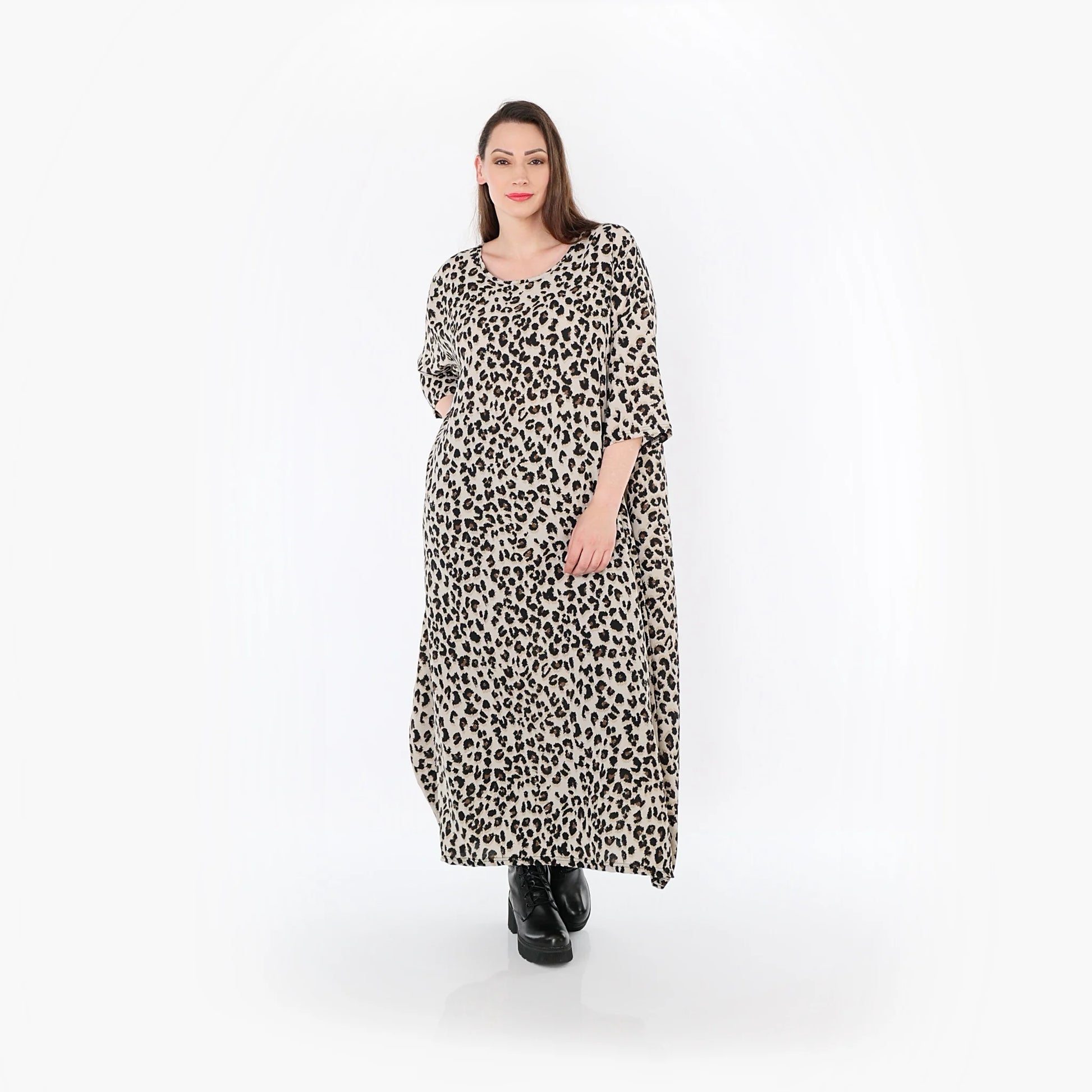  Ballonkleid von AKH Fashion aus Materialmix, 1496.01926, Beige/Schwarz/Cognac, Leopard