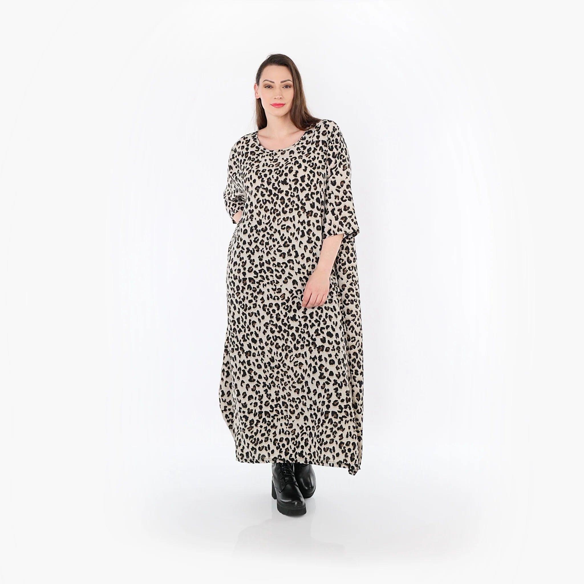  Ballonkleid von AKH Fashion aus Materialmix, 1496.01926, Beige/Schwarz/Cognac, Leopard