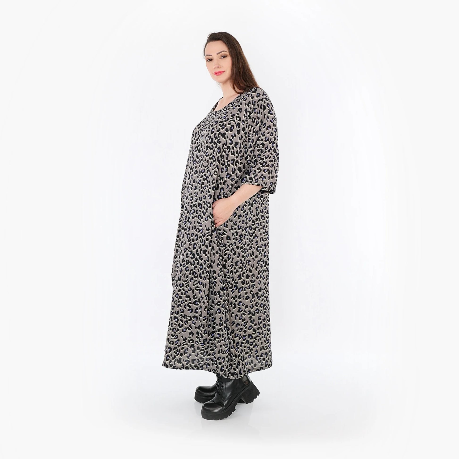  Ballonkleid von AKH Fashion aus Materialmix, 1496.01926, Grau/Schwarz/Blau, Leopard