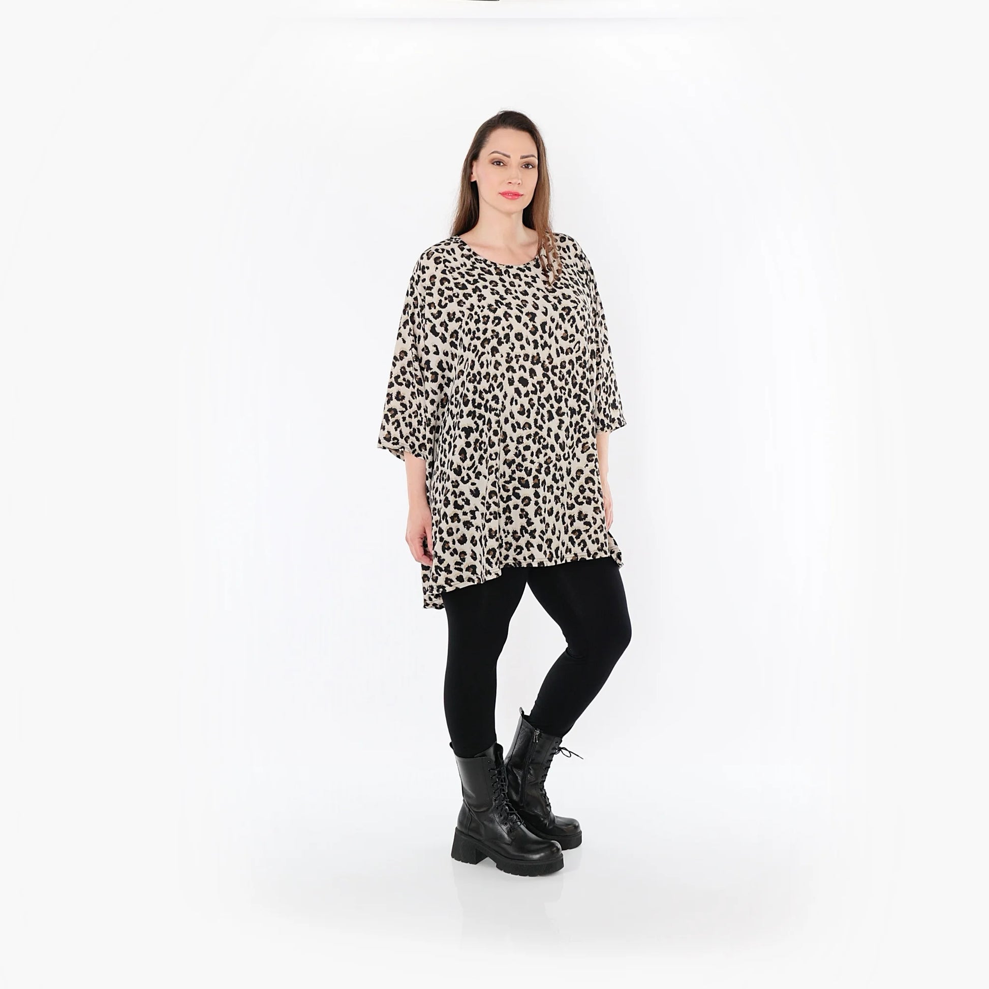  A-Form Bigshirt von AKH Fashion aus Materialmix, 1496.00593, Beige/Schwarz/Cognac, Leopard