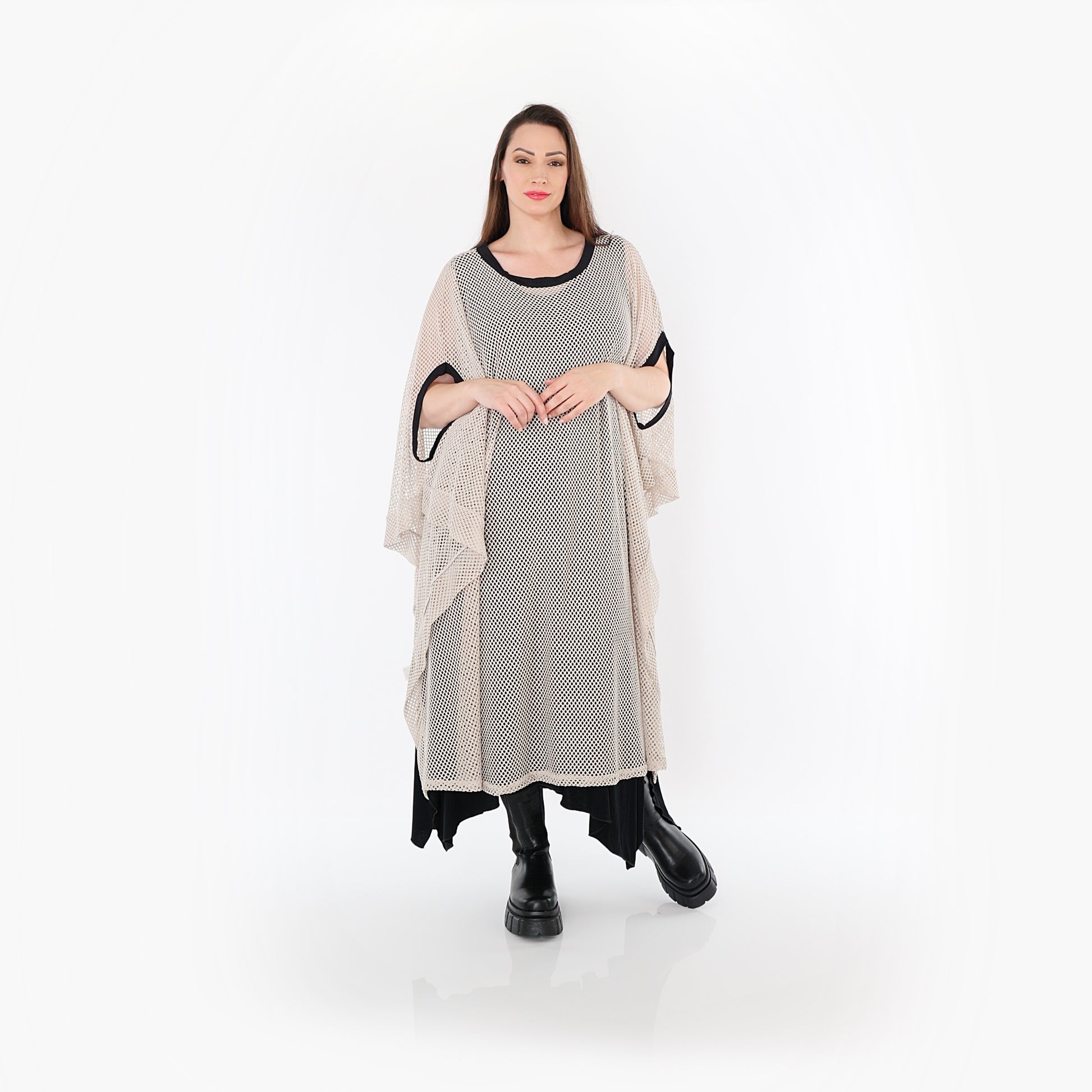  AKH Fashion Überwurf in gerader Form, aus Baumwolle, 1500.07100, Beige/Schwarz, Schick