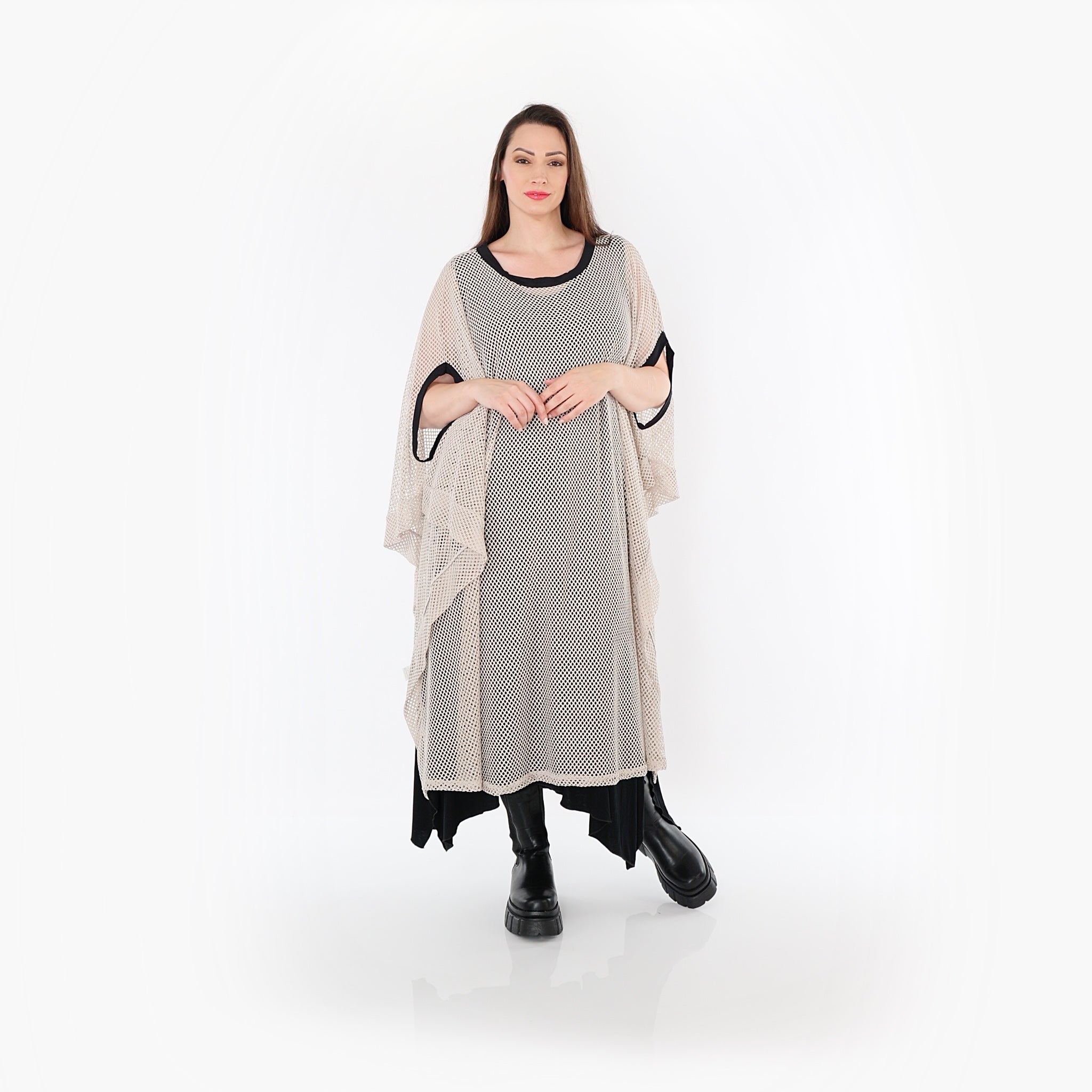  AKH Fashion Überwurf in gerader Form, aus Baumwolle, 1500.07100, Beige/Schwarz, Schick
