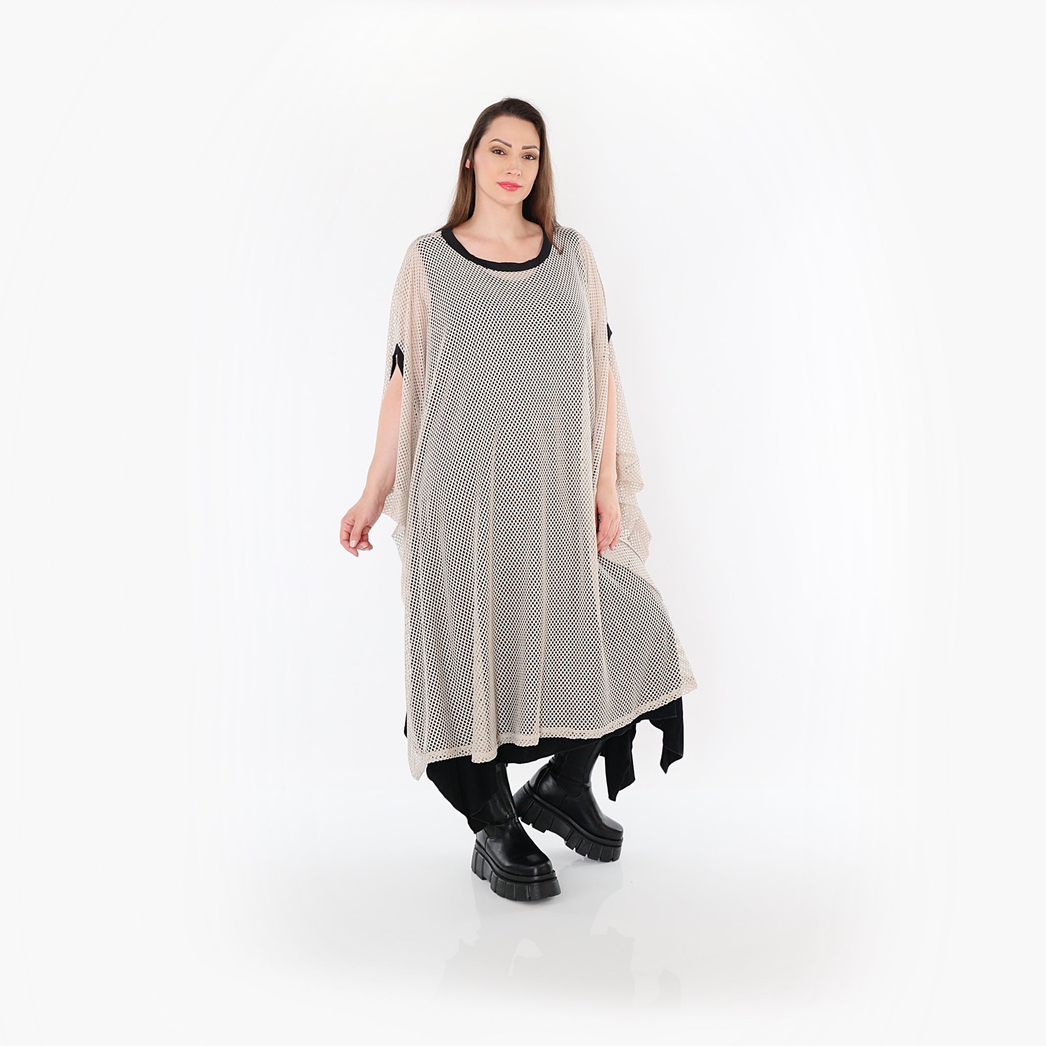  AKH Fashion Überwurf in gerader Form, aus Baumwolle, 1500.07100, Beige/Schwarz, Schick