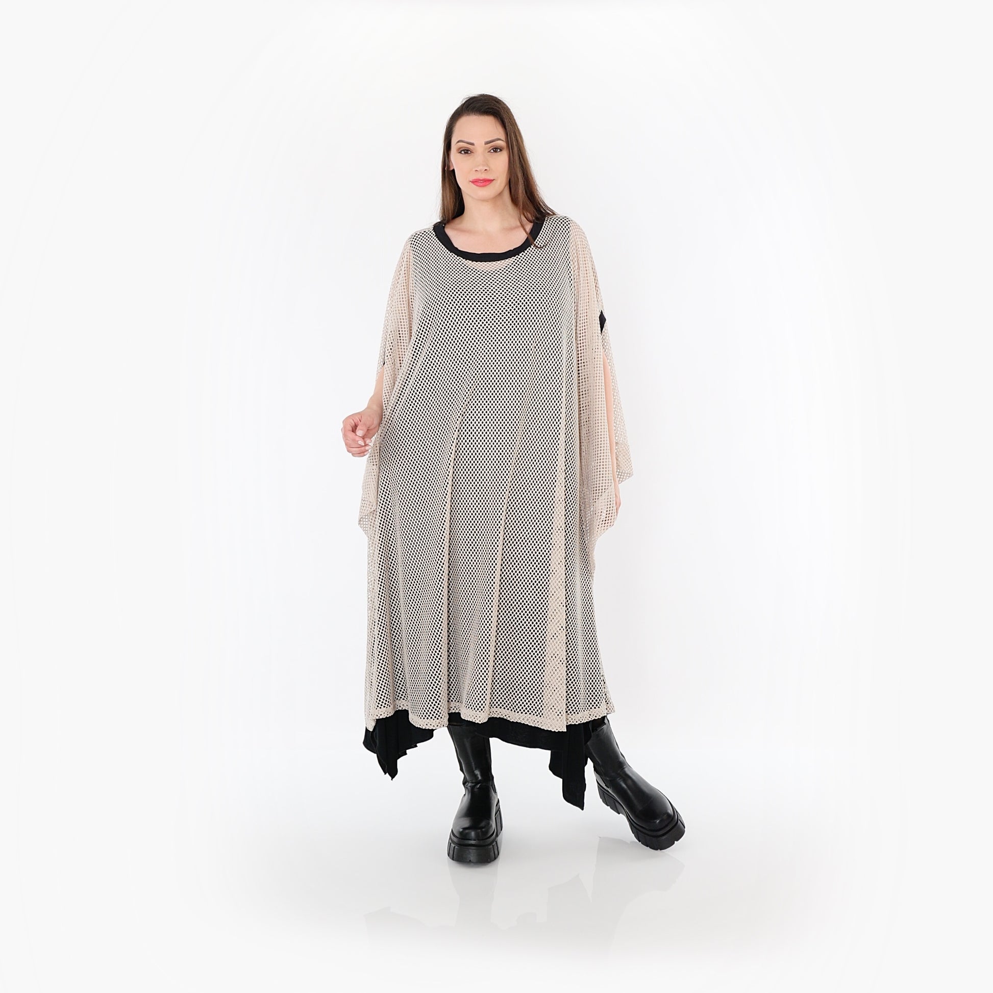  AKH Fashion Überwurf in gerader Form, aus Baumwolle, 1500.07100, Beige/Schwarz, Schick