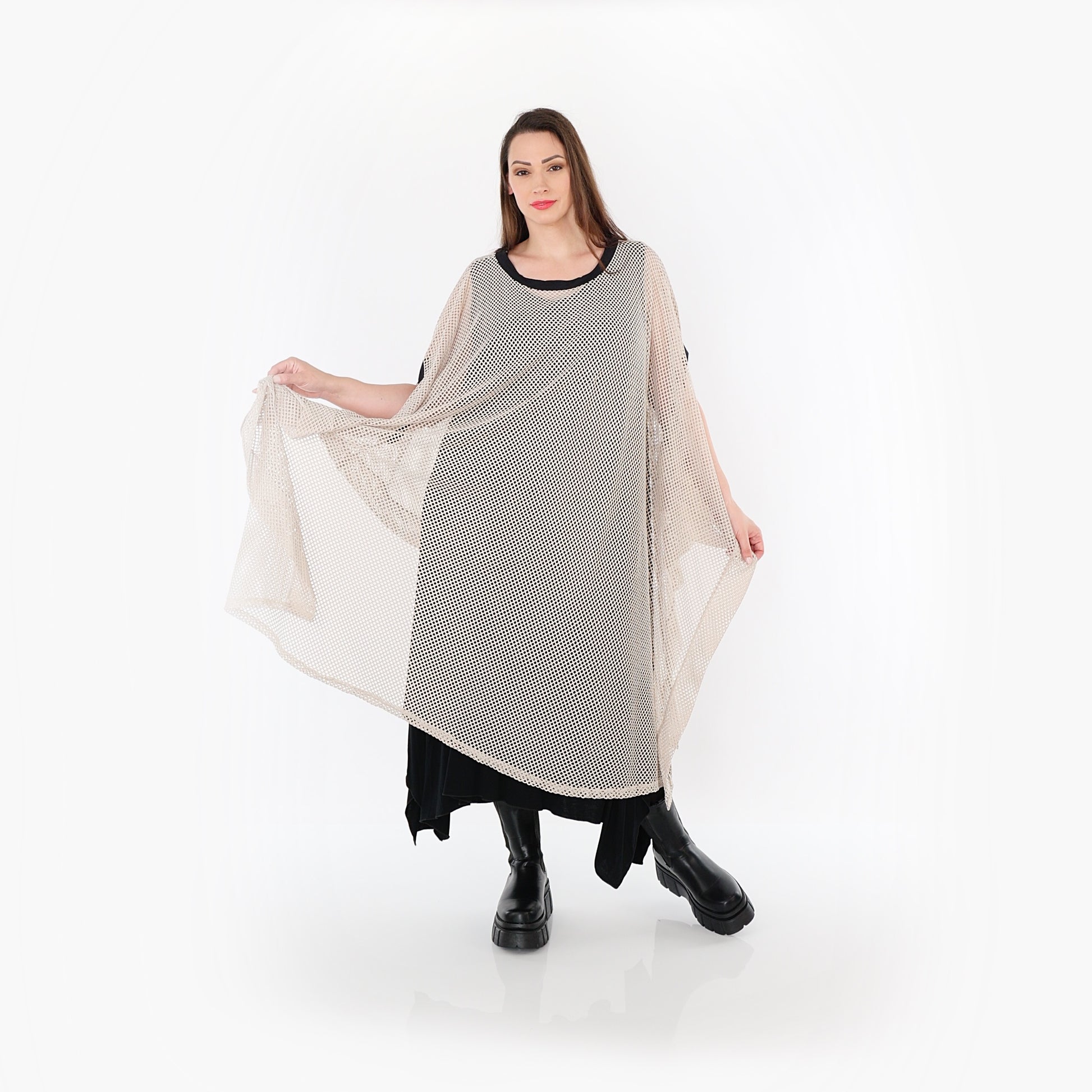  AKH Fashion Überwurf in gerader Form, aus Baumwolle, 1500.07100, Beige/Schwarz, Schick