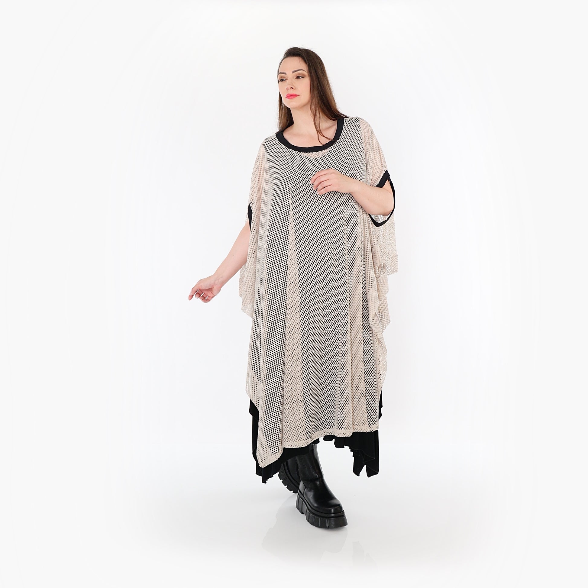  AKH Fashion Überwurf in gerader Form, aus Baumwolle, 1500.07100, Beige/Schwarz, Schick