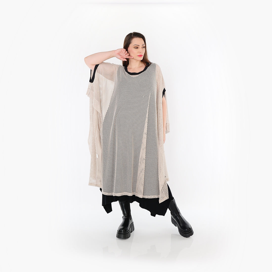  AKH Fashion Überwurf in gerader Form, aus Baumwolle, 1500.07100, Beige/Schwarz, Schick