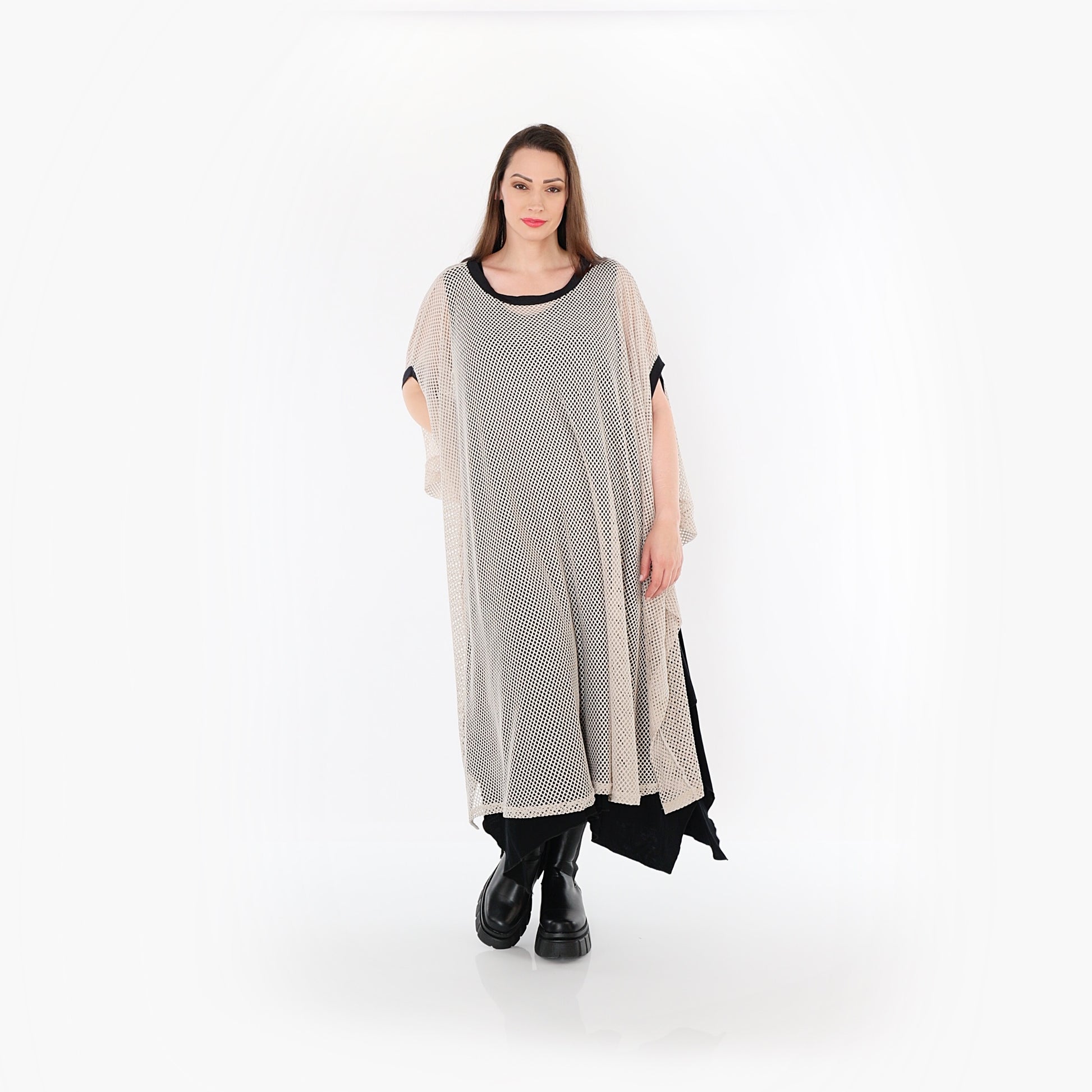  AKH Fashion Überwurf in gerader Form, aus Baumwolle, 1500.07100, Beige/Schwarz, Schick