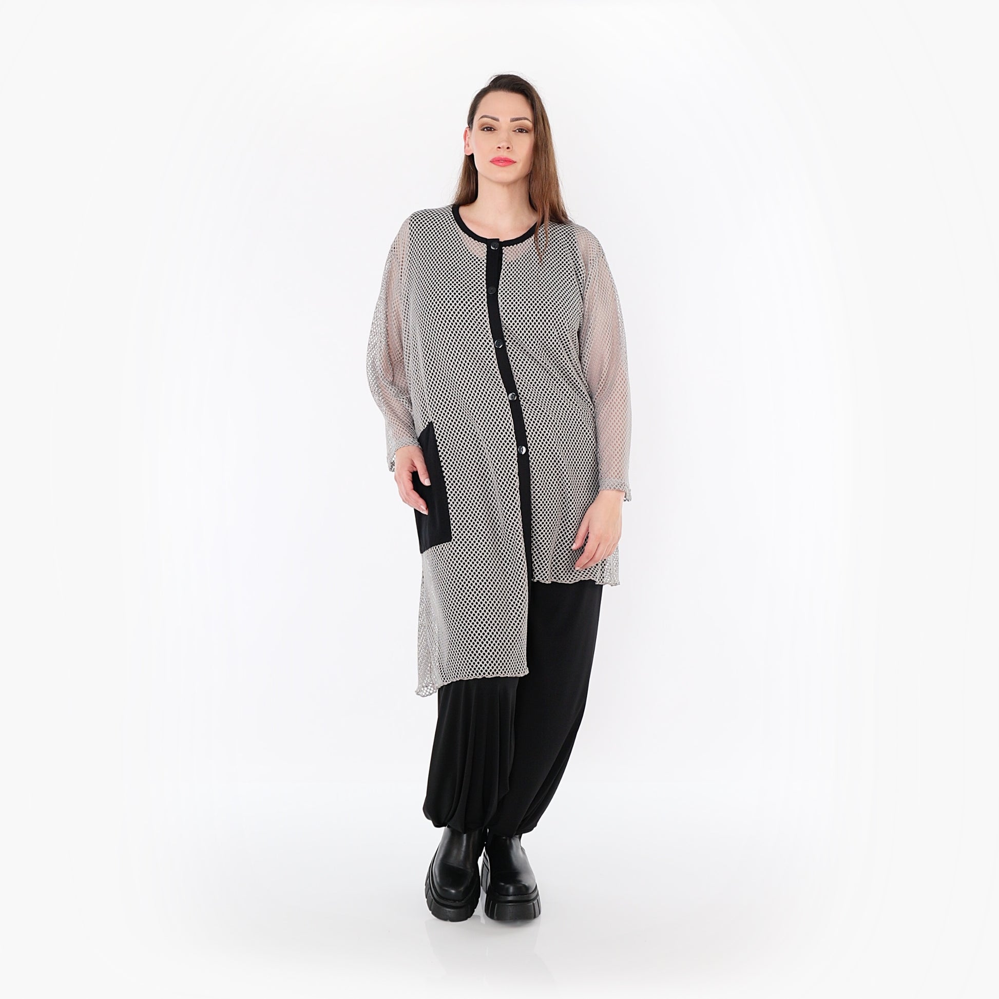  AKH Fashion Bluse in asymmetrischer Form, aus Baumwolle, 1500.07101, Grau/Schwarz, Schick