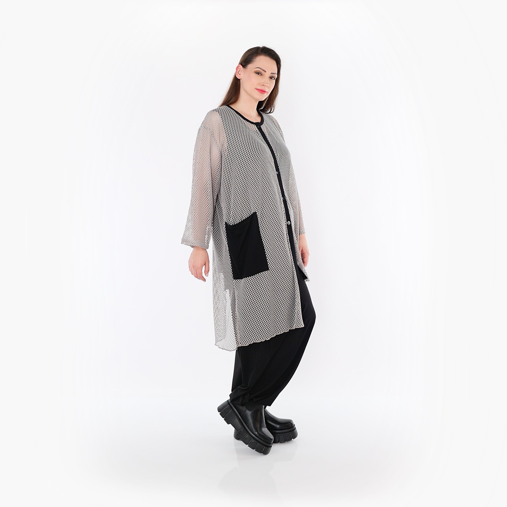  AKH Fashion Bluse in asymmetrischer Form, aus Baumwolle, 1500.07101, Grau/Schwarz, Schick