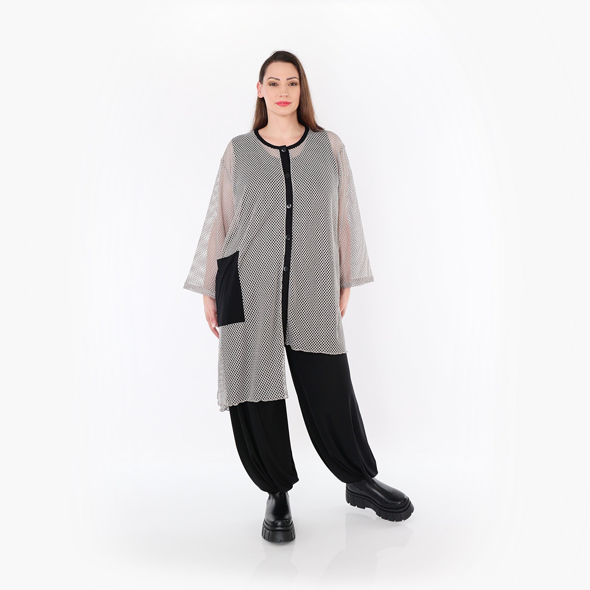  AKH Fashion Bluse in asymmetrischer Form, aus Baumwolle, 1500.07101, Grau/Schwarz, Schick