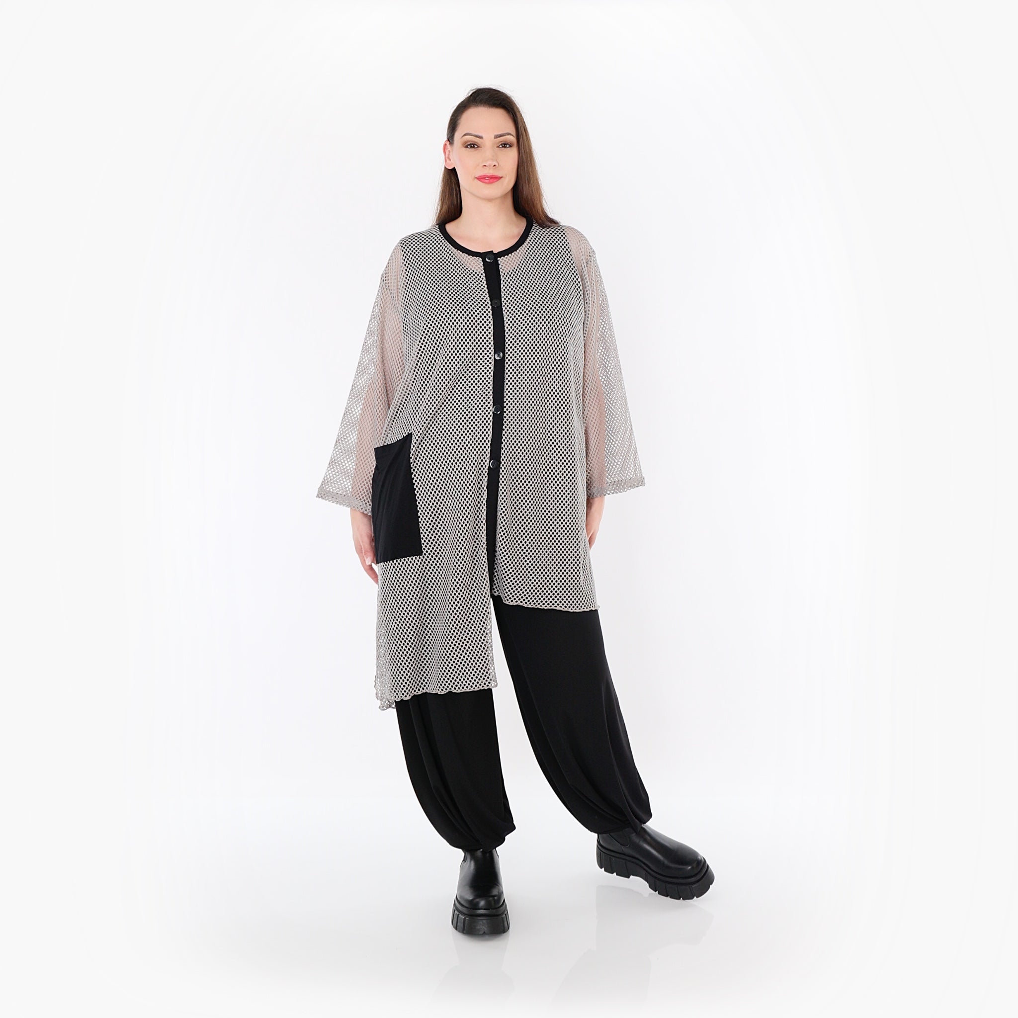  AKH Fashion Bluse in asymmetrischer Form, aus Baumwolle, 1500.07101, Grau/Schwarz, Schick