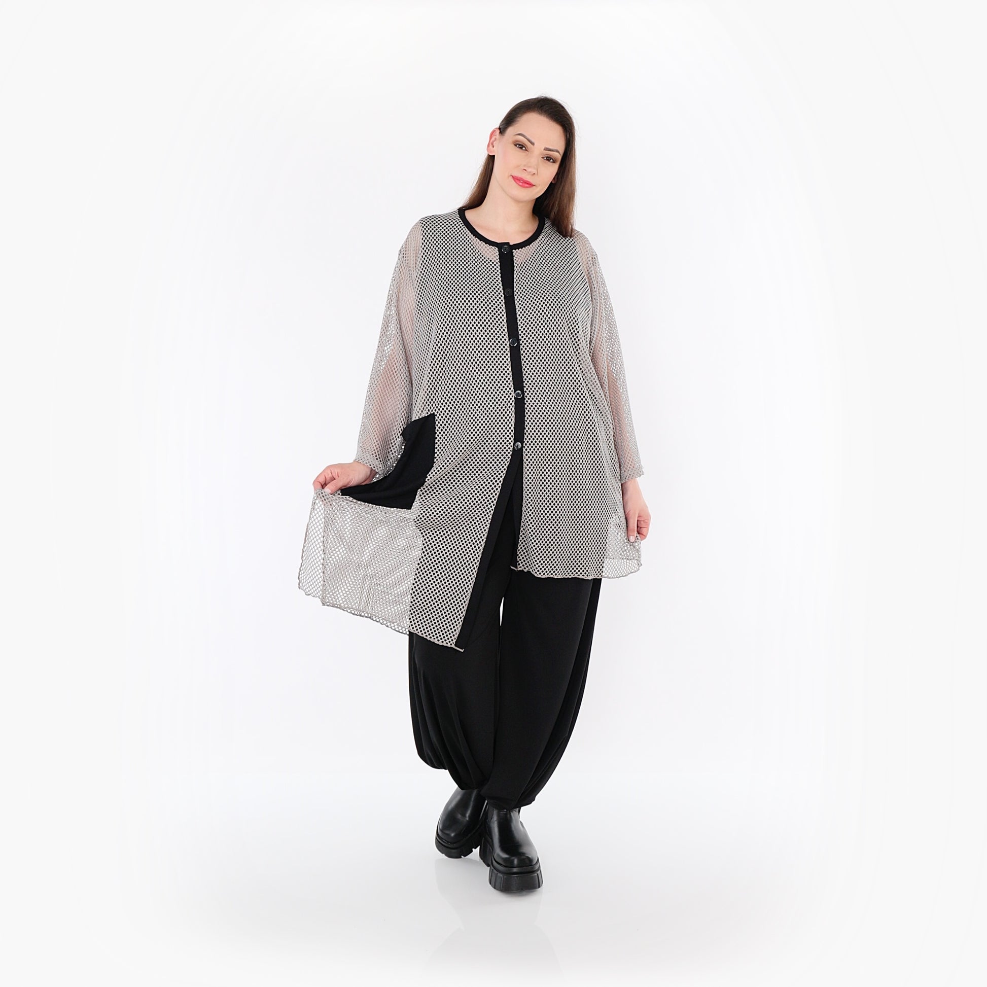 AKH Fashion Bluse in asymmetrischer Form, aus Baumwolle, 1500.07101, Grau/Schwarz, Schick