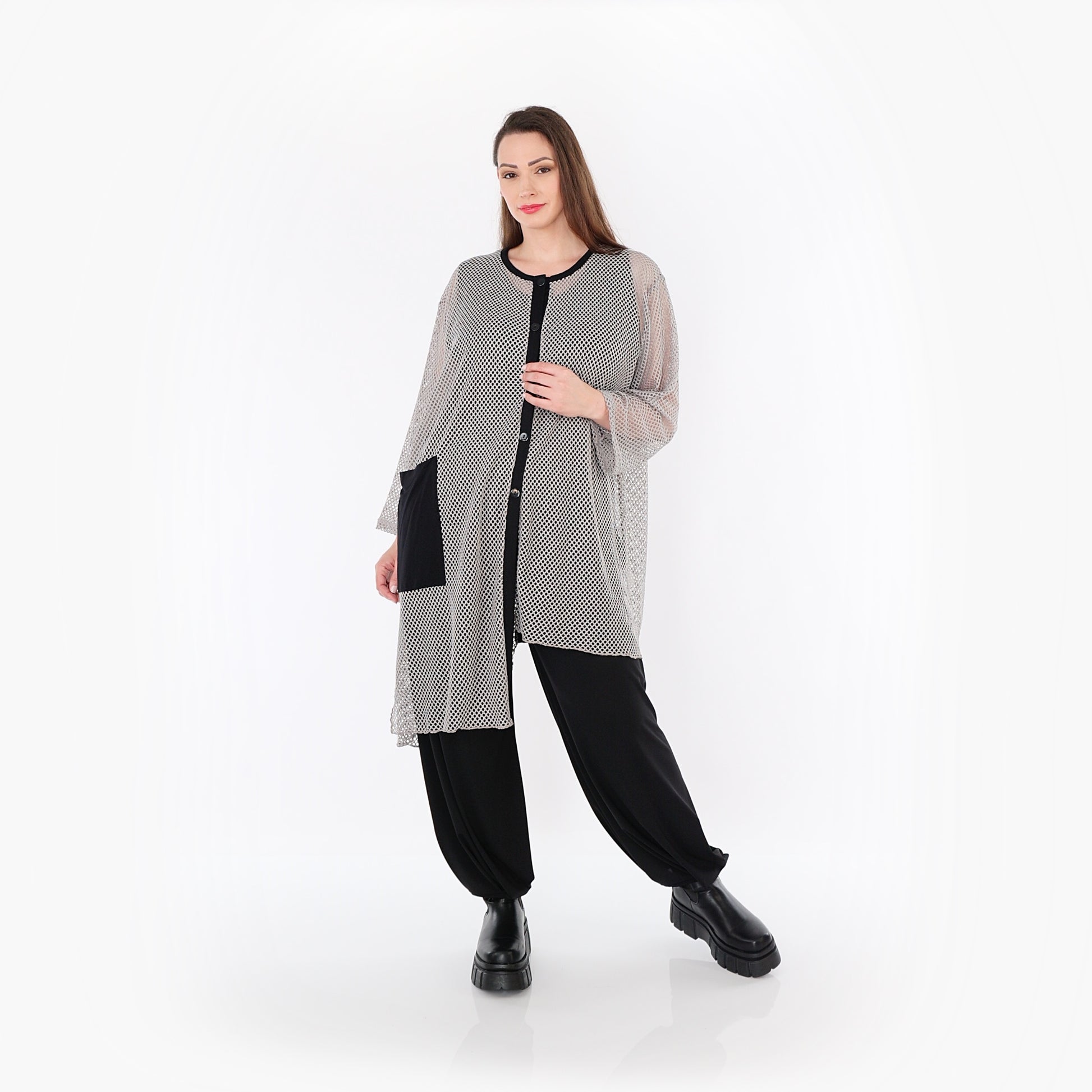  AKH Fashion Bluse in asymmetrischer Form, aus Baumwolle, 1500.07101, Grau/Schwarz, Schick