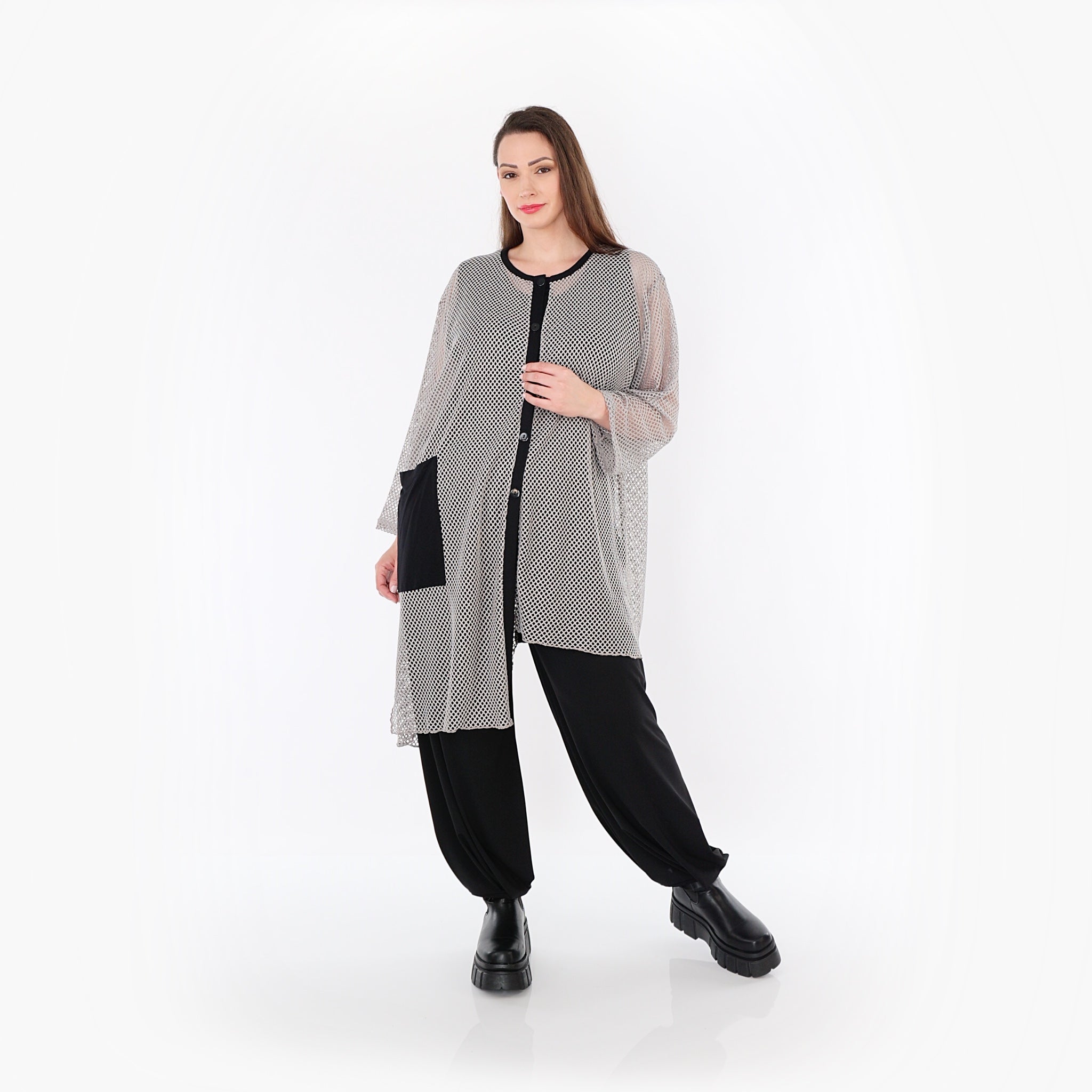  AKH Fashion Bluse in asymmetrischer Form, aus Baumwolle, 1500.07101, Grau/Schwarz, Schick