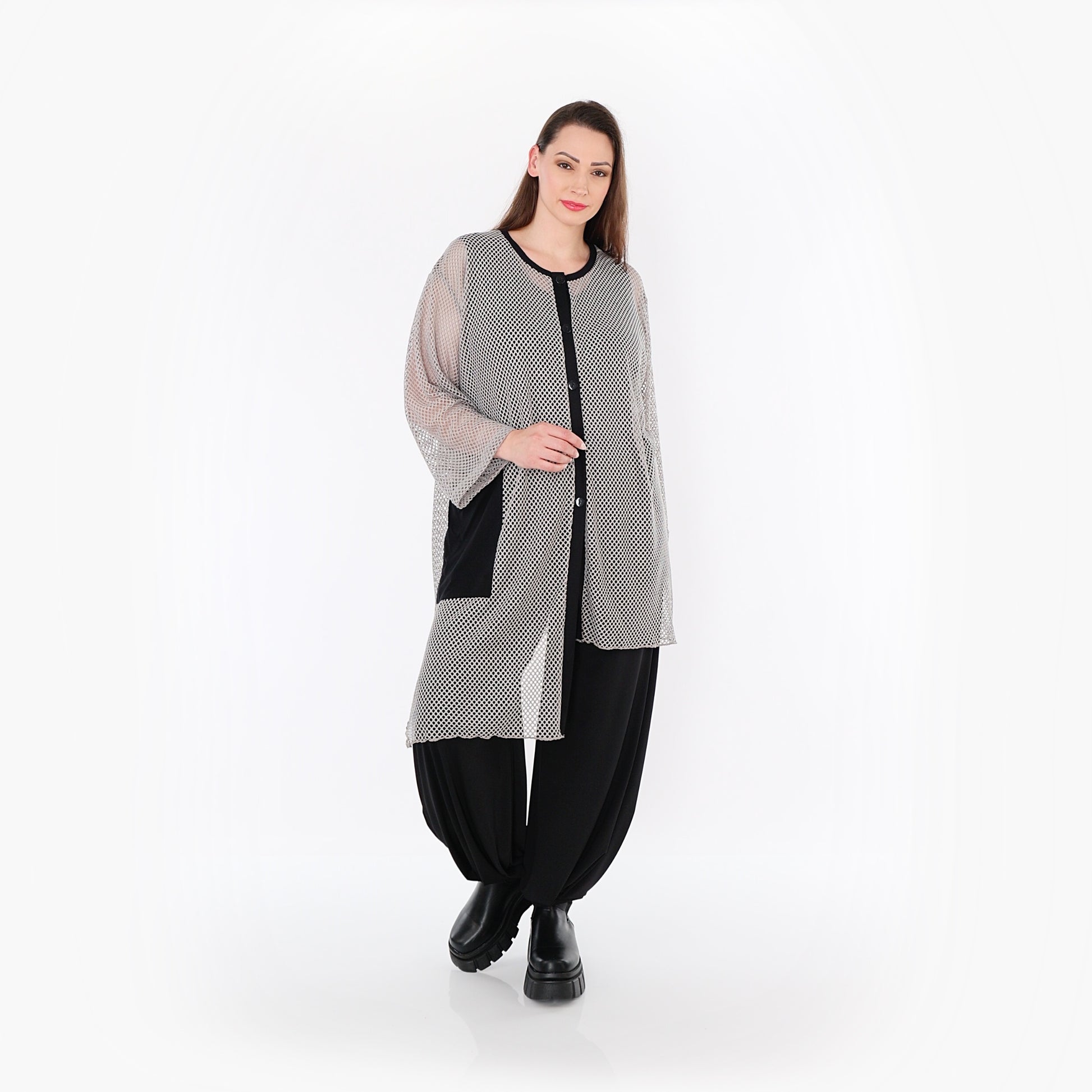  AKH Fashion Bluse in asymmetrischer Form, aus Baumwolle, 1500.07101, Grau/Schwarz, Schick