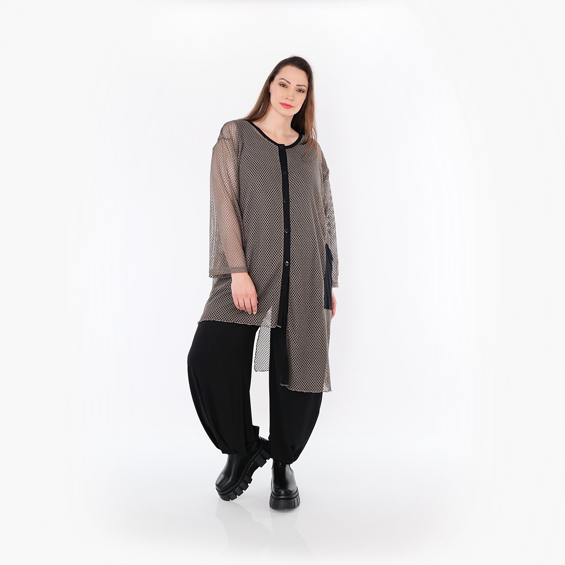  AKH Fashion Bluse in asymmetrischer Form, aus Baumwolle, 1500.07101, Taupe/Schwarz, Schick