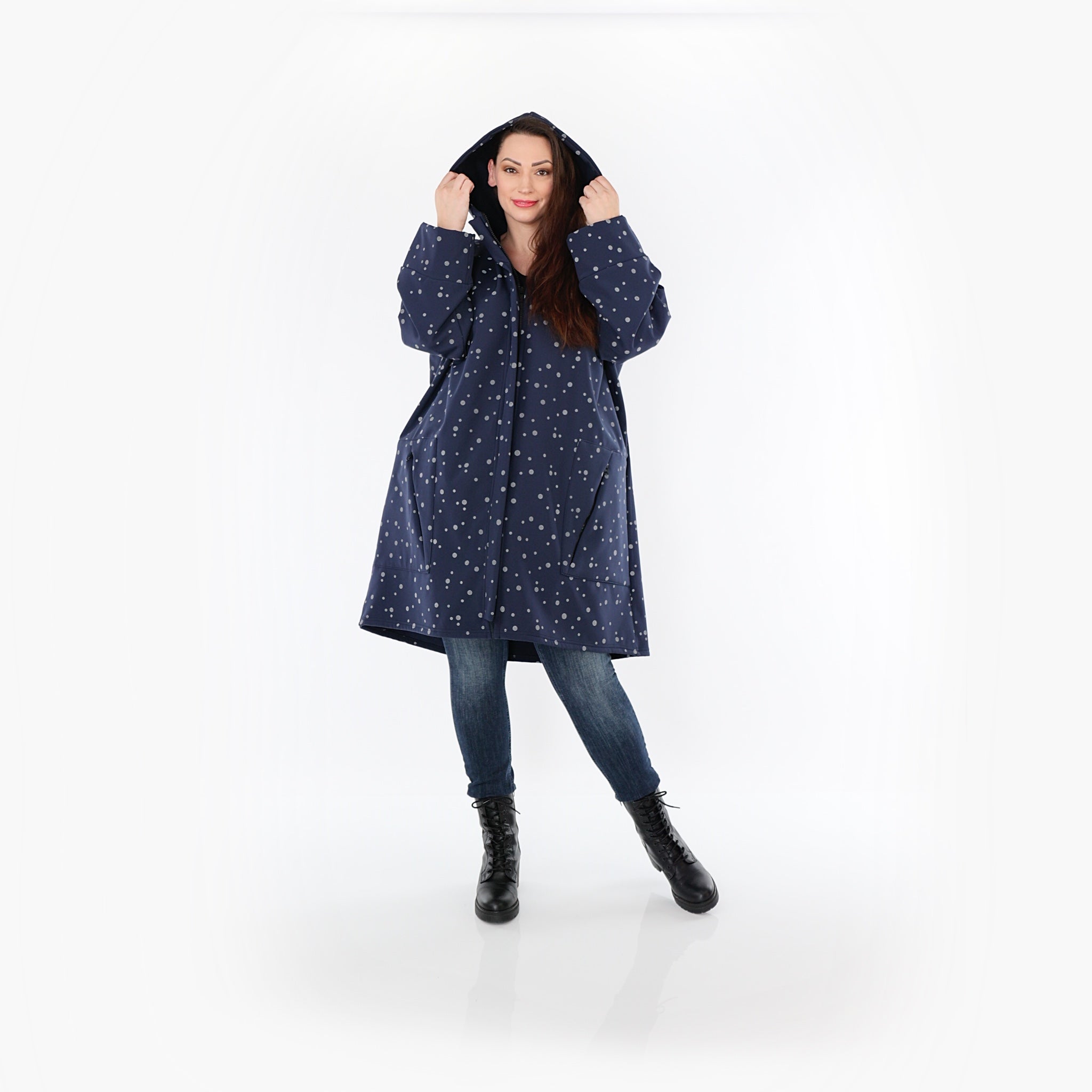  AKH Fashion Mantel in gerader Form, aus Polyester, 1512.07035, Marine/Grau, Punkte, Schick