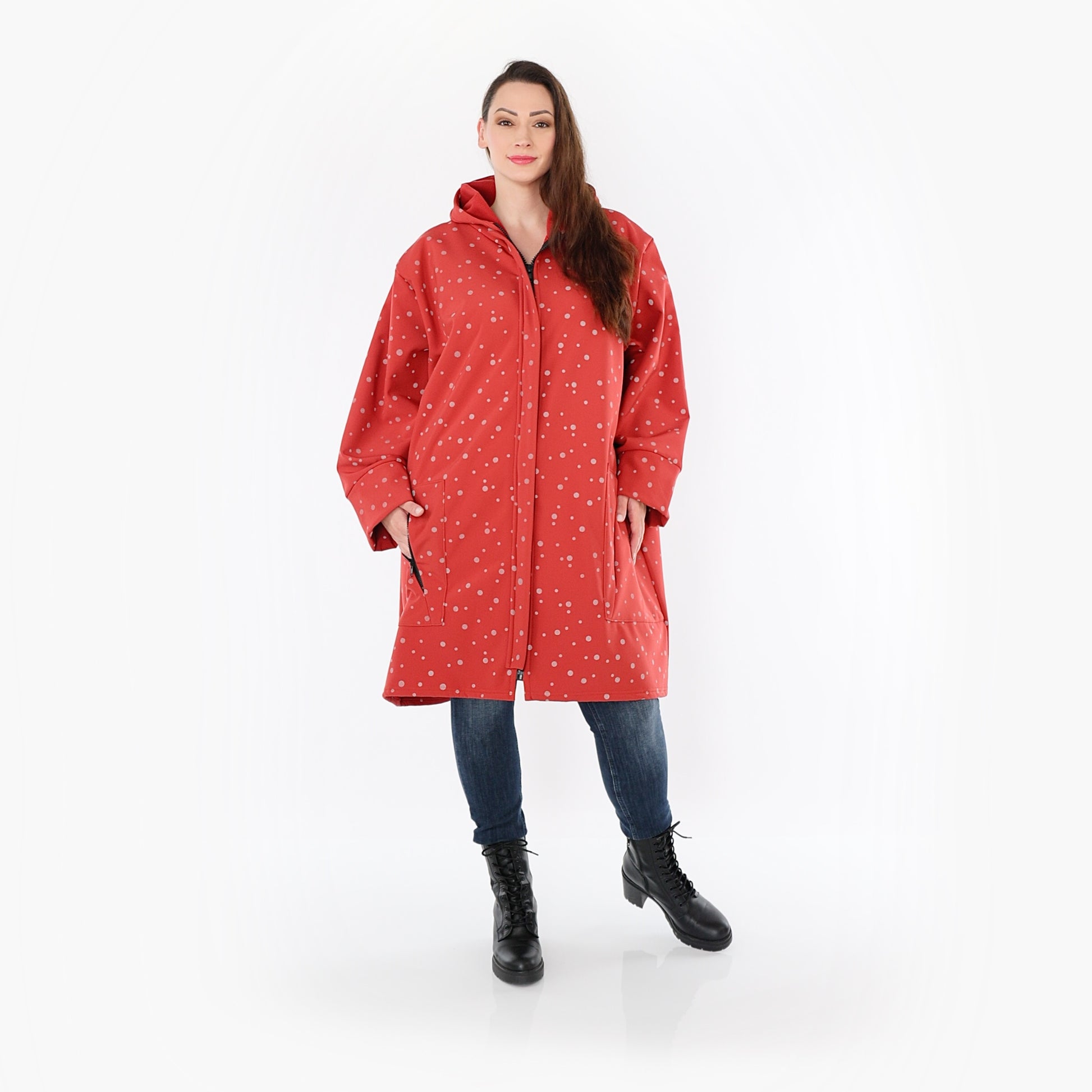  AKH Fashion Mantel in gerader Form, aus Polyester, 1512.07035, Rot/Grau, Punkte, Schick