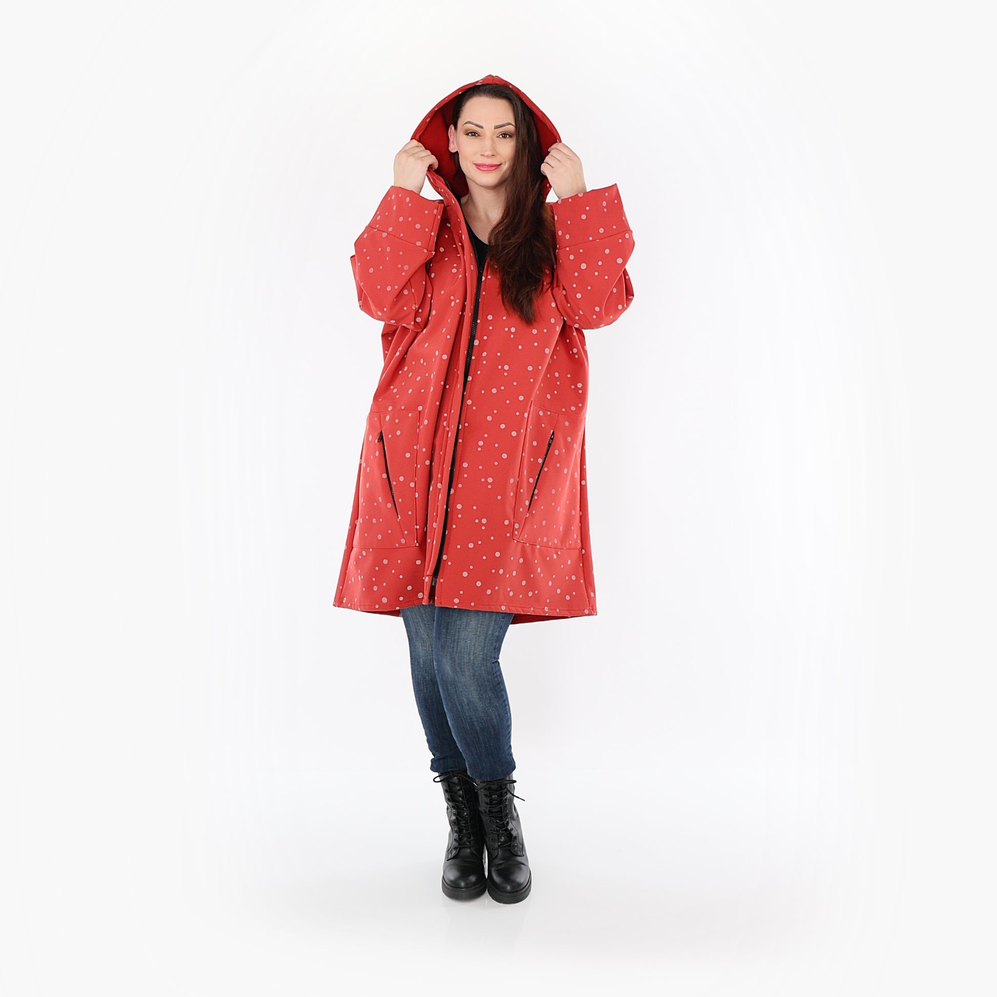  AKH Fashion Mantel in gerader Form, aus Polyester, 1512.07035, Rot/Grau, Punkte, Schick