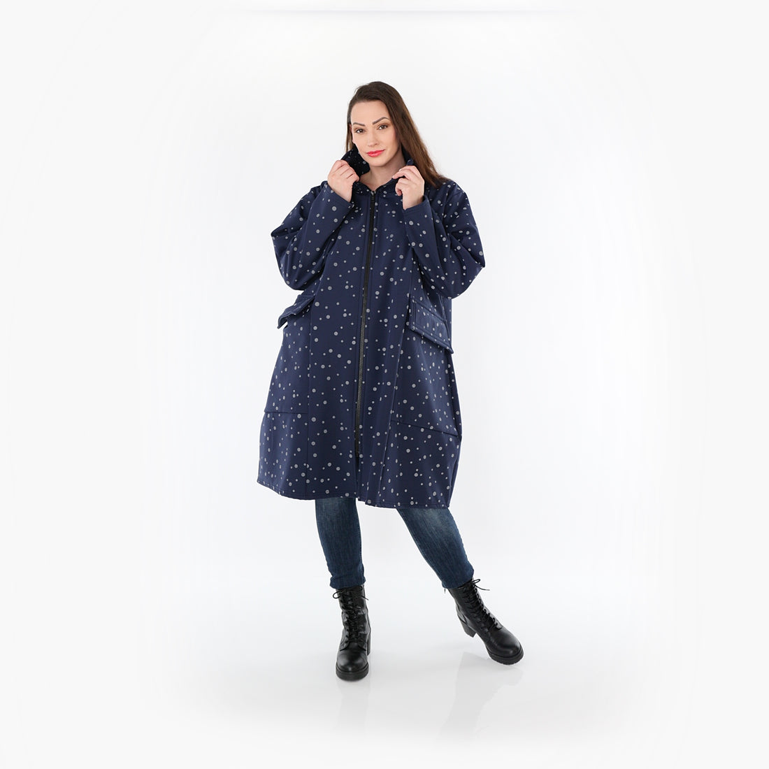  Ballonmantel von AKH Fashion aus Polyester, 1512.07036, Marine/Grau, Punkte, Ausgefallen